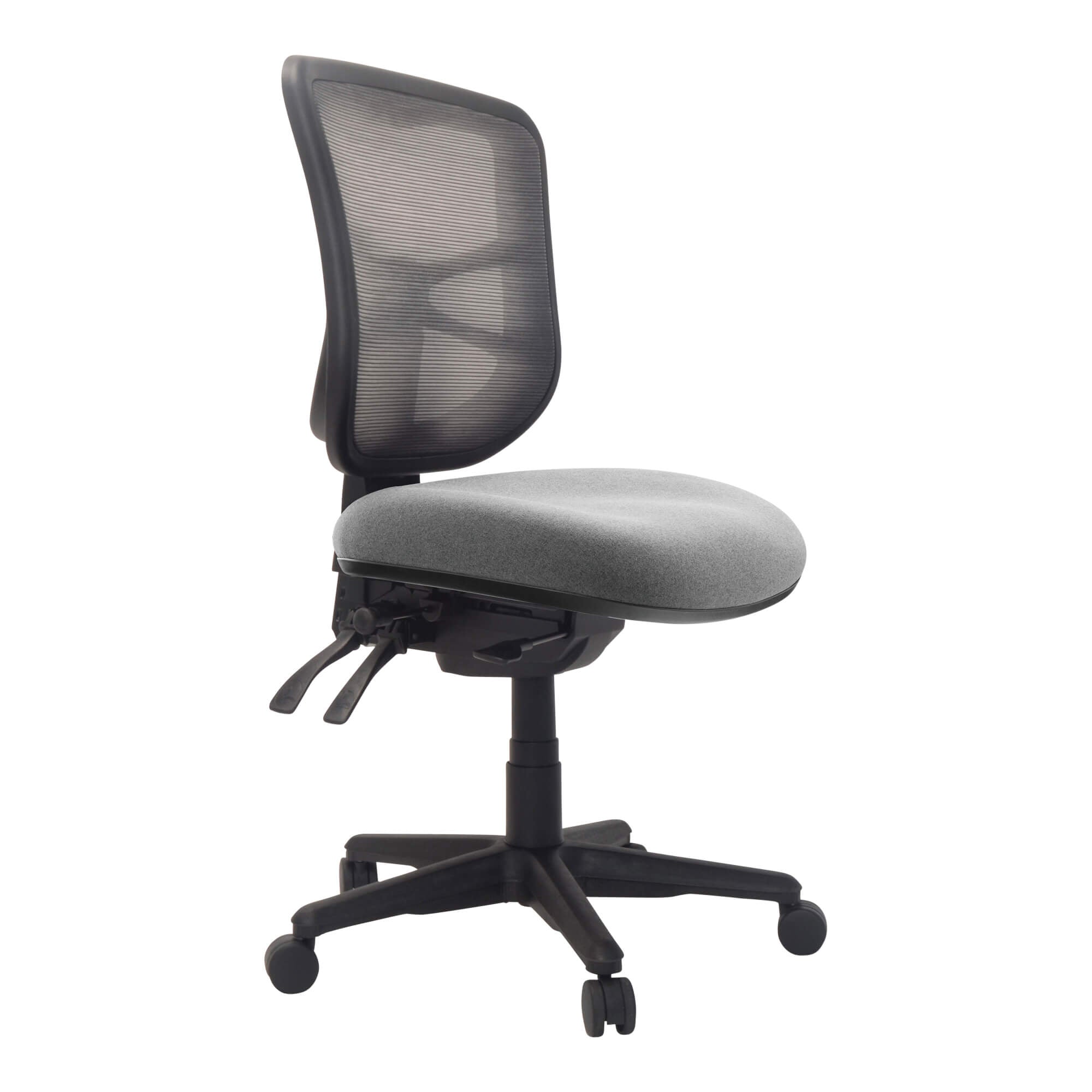 Front angle view of Buro Metro Chair with Seat Slide Nylon Base Without Arms Smoke SafeTex against a white studio background
