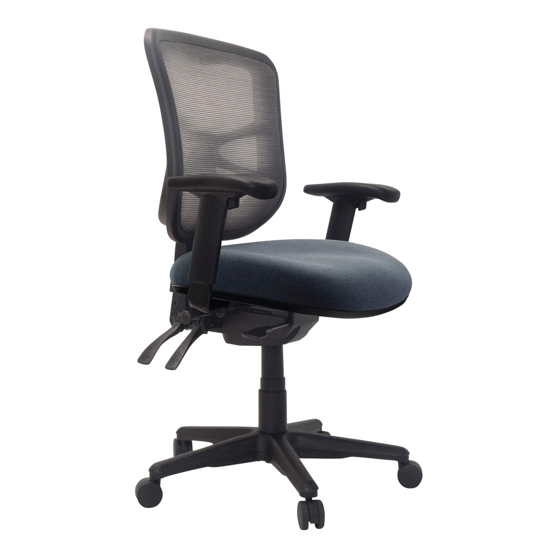 Front angle view of Buro Metro Chair with Seat Slide Nylon Base with Arms Charcoal SafeTex against a white studio background