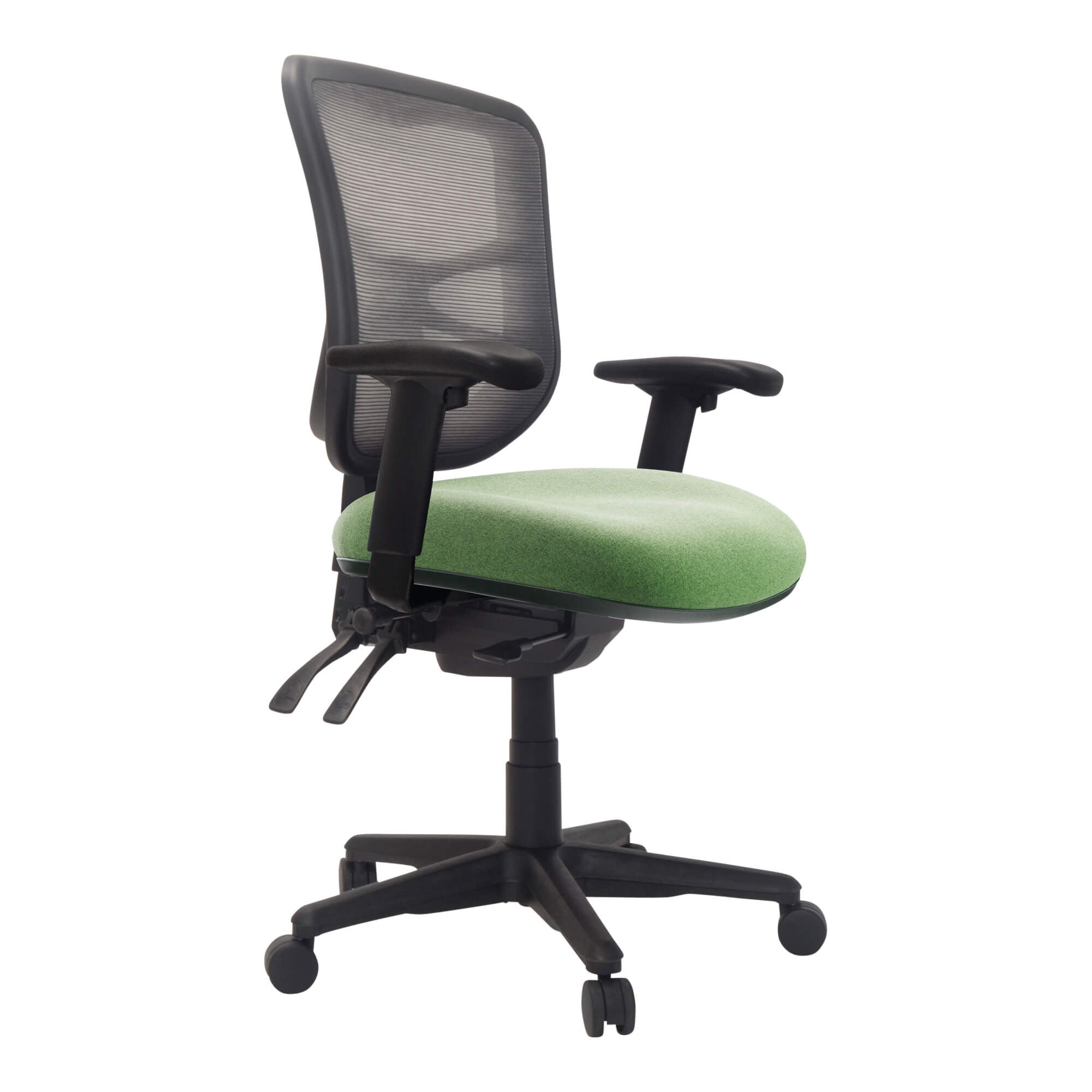 Front angle view of Buro Metro Chair with Seat Slide Nylon Base with Arms Olive SafeTex against a white studio background