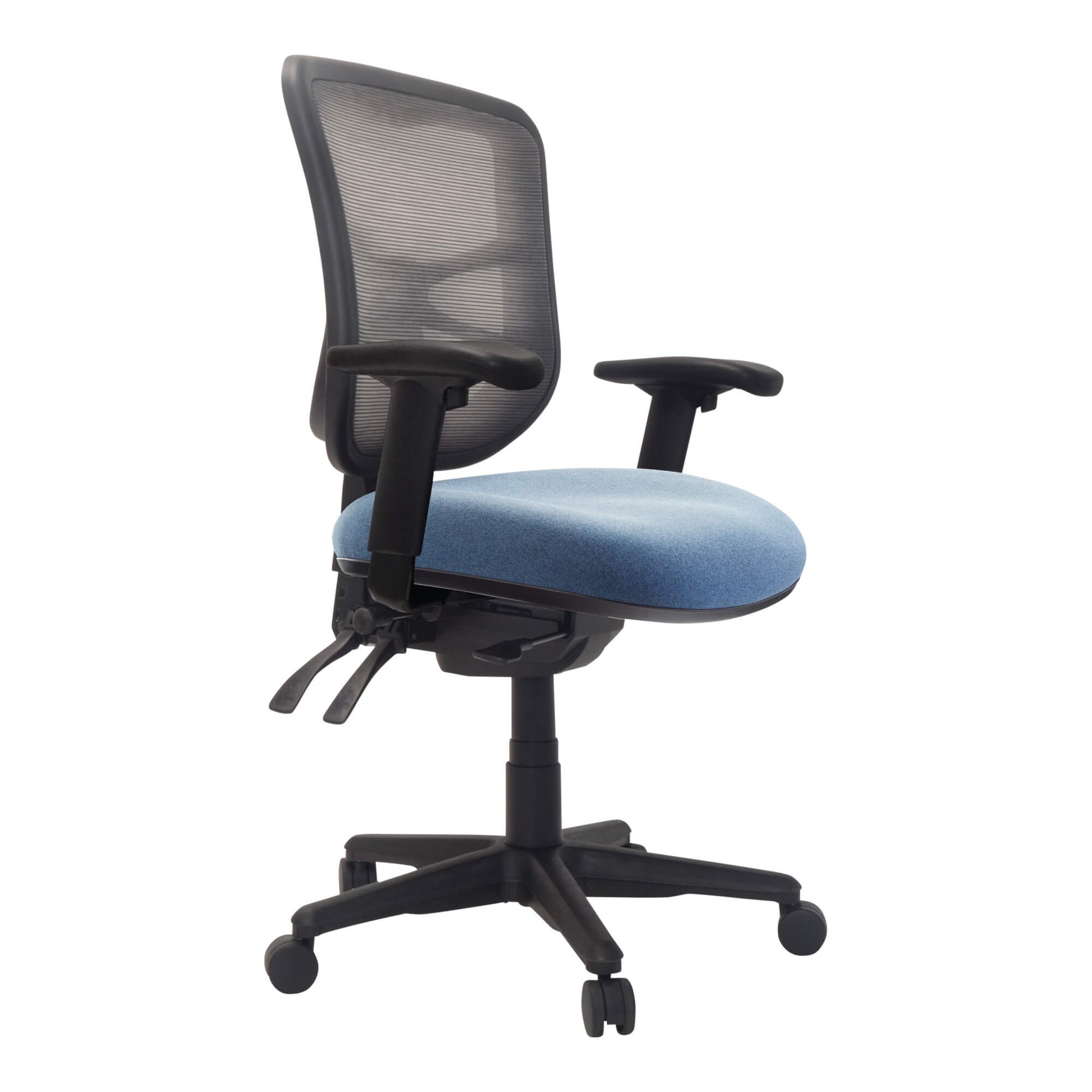 Alternate angle of Buro Metro Chair with Seat Slide Nylon Base with Arms Rust SafeTex showing profile and construction detail