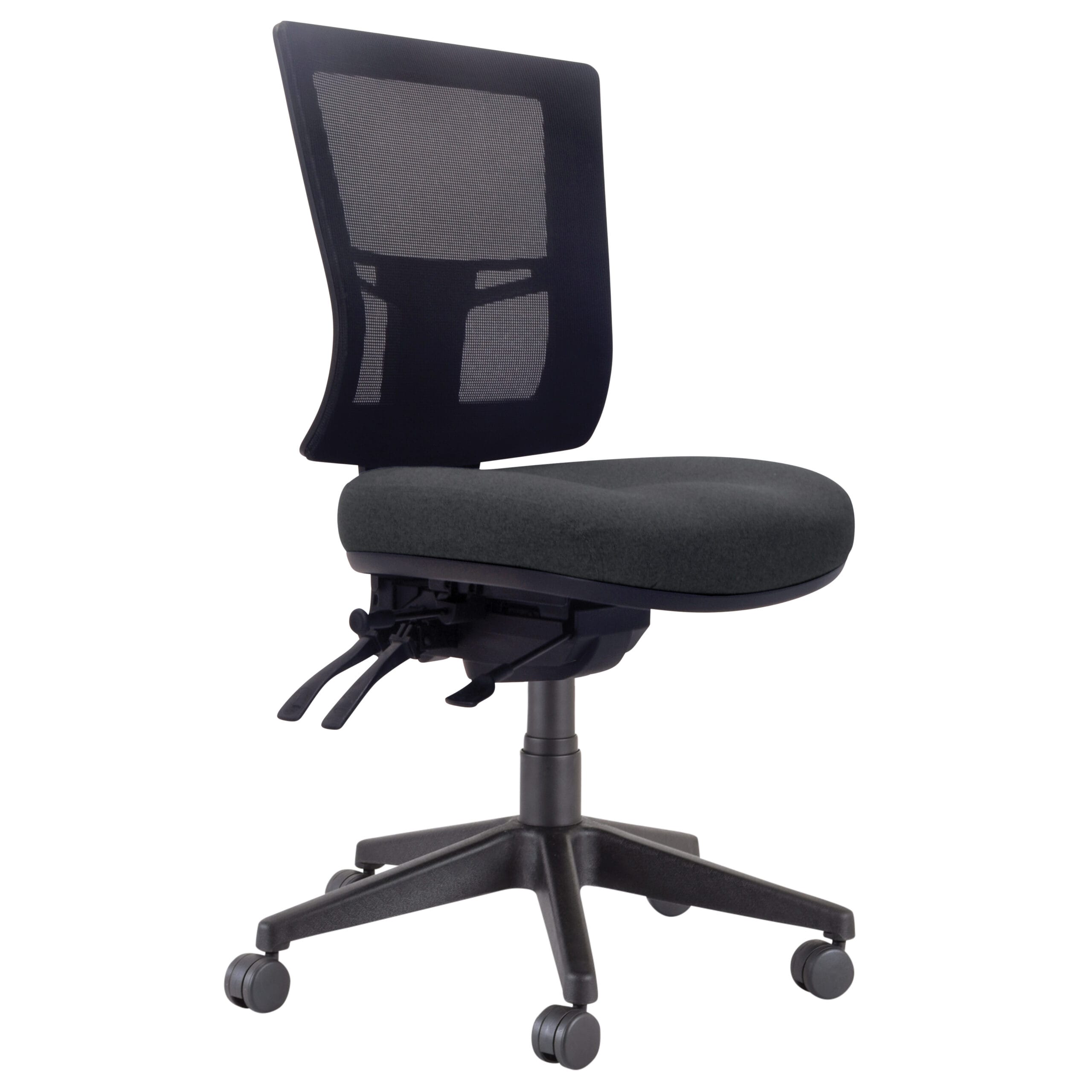 Rear view of Buro Metro II 24/7 Chair Nylon Base with Arms Cobalt SafeTex showing back construction