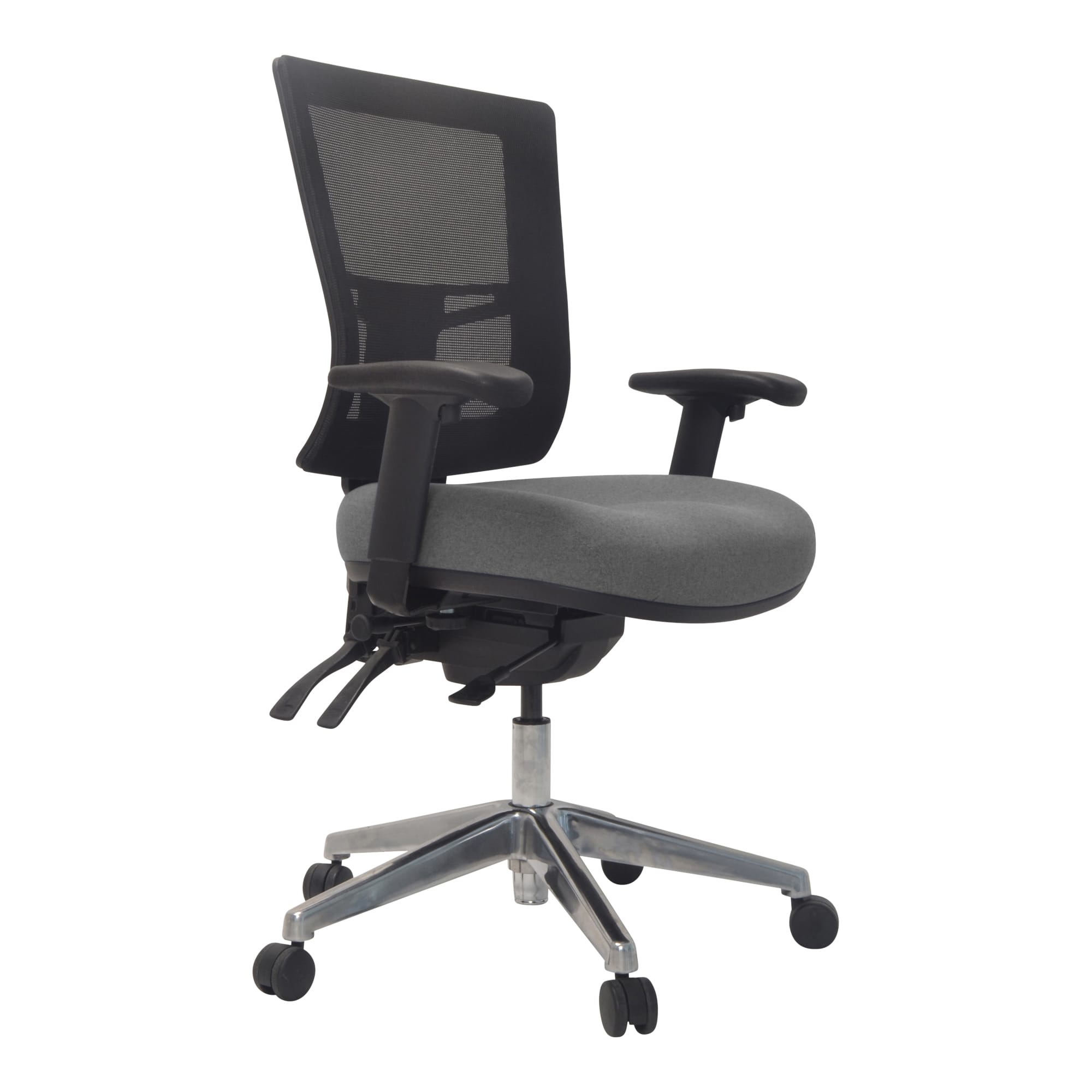 Front angle view of Buro Metro II 24/7 Chair Nylon Base with Arms Smoke SafeTex against a white studio background