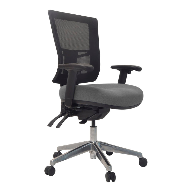Front angle view of Buro Metro II 24/7 Chair Nylon Base with Arms Smoke SafeTex against a white studio background