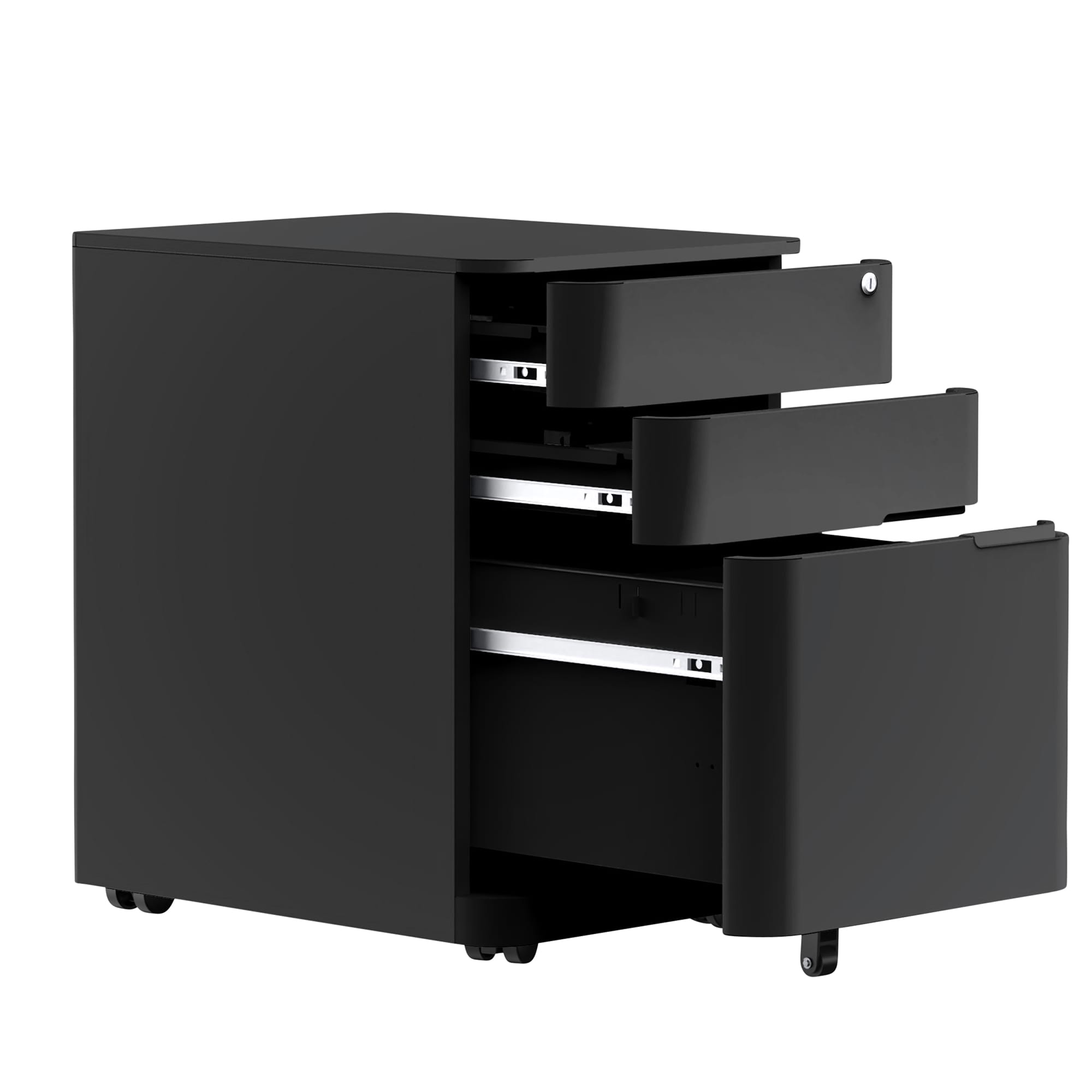 Alternate angle of Buro MyWorkSpace Mobile Pedestal 2 Drawer 1 File Black showing profile and construction detail