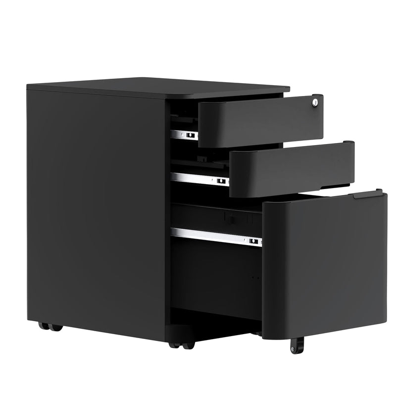 Alternate angle of Buro MyWorkSpace Mobile Pedestal 2 Drawer 1 File Black showing profile and construction detail