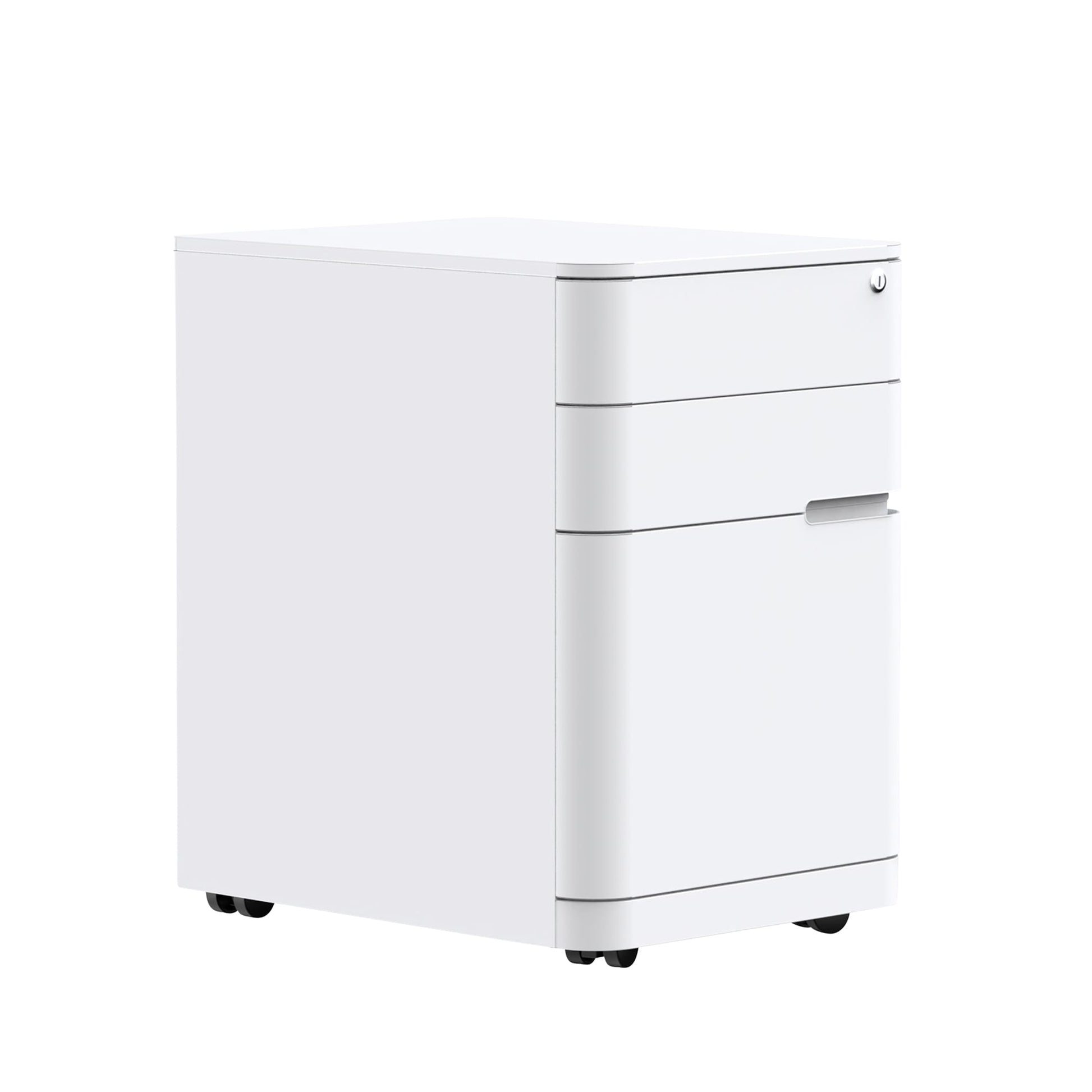 Front angle view of Buro MyWorkSpace Mobile Pedestal 2 Drawer 1 File White against a white studio background