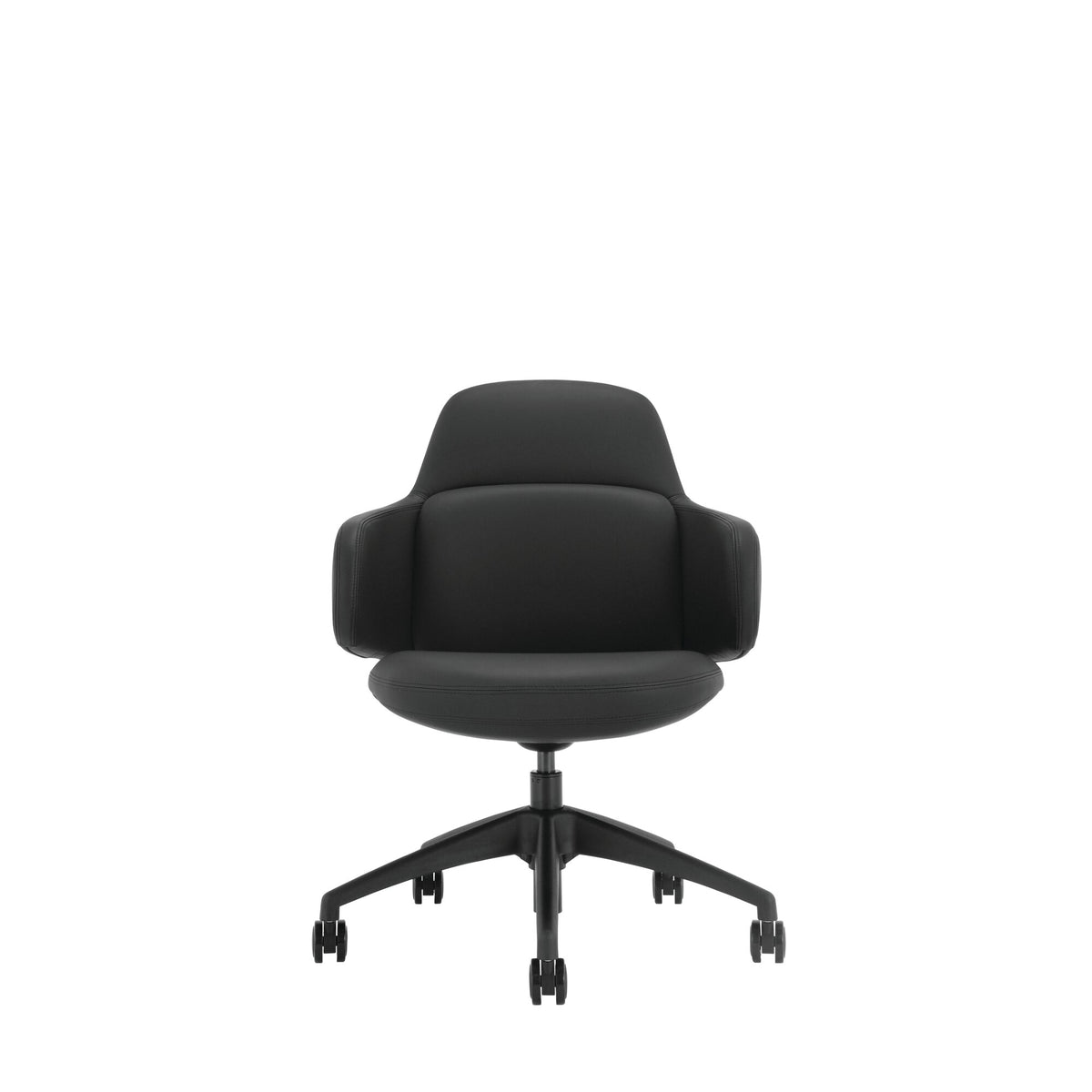 Front view of the black PU Buro Odyssey chair with its wraparound armrests on a black castor base