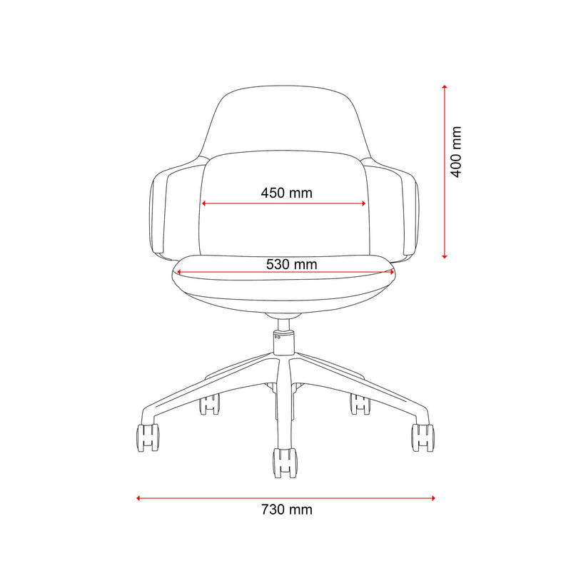 Front dimension drawing of the Buro Odyssey giving 730 mm overall width, 530 mm seat width and 450 mm back width