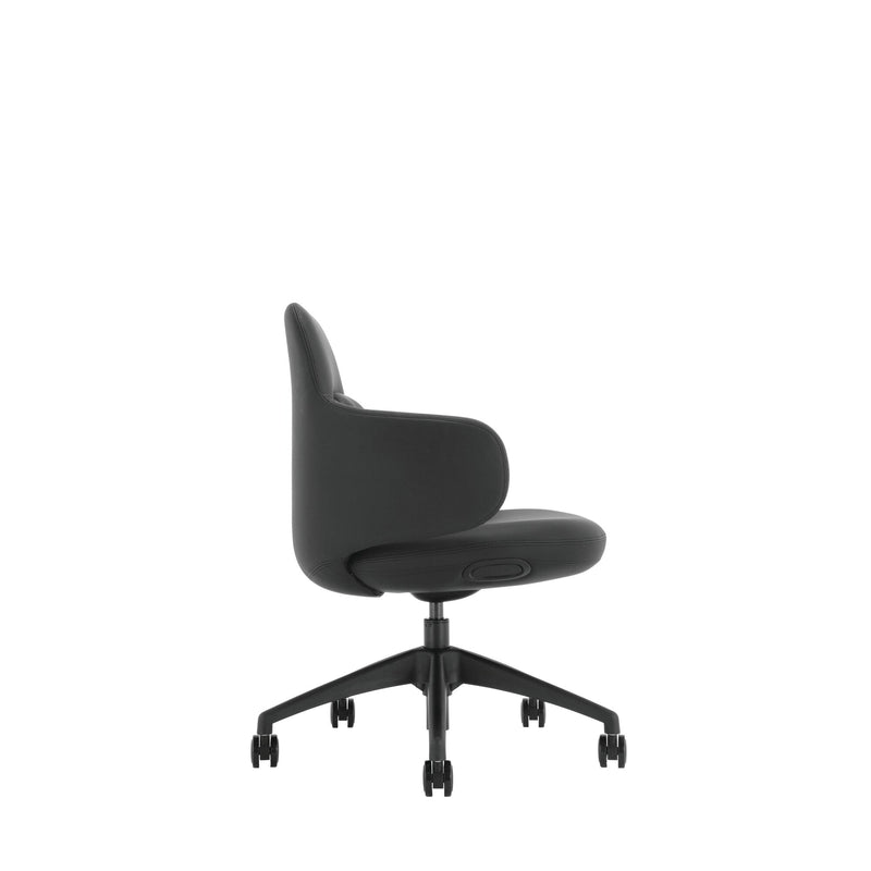 Side view of the black PU Buro Odyssey chair showing the curved shell, seat and gas lift column