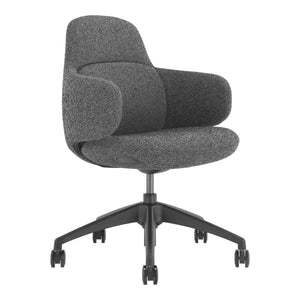 Buro Odyssey 153-2 dark grey upholstered swivel chair with wraparound arms on a black five star base, front three quarter view
