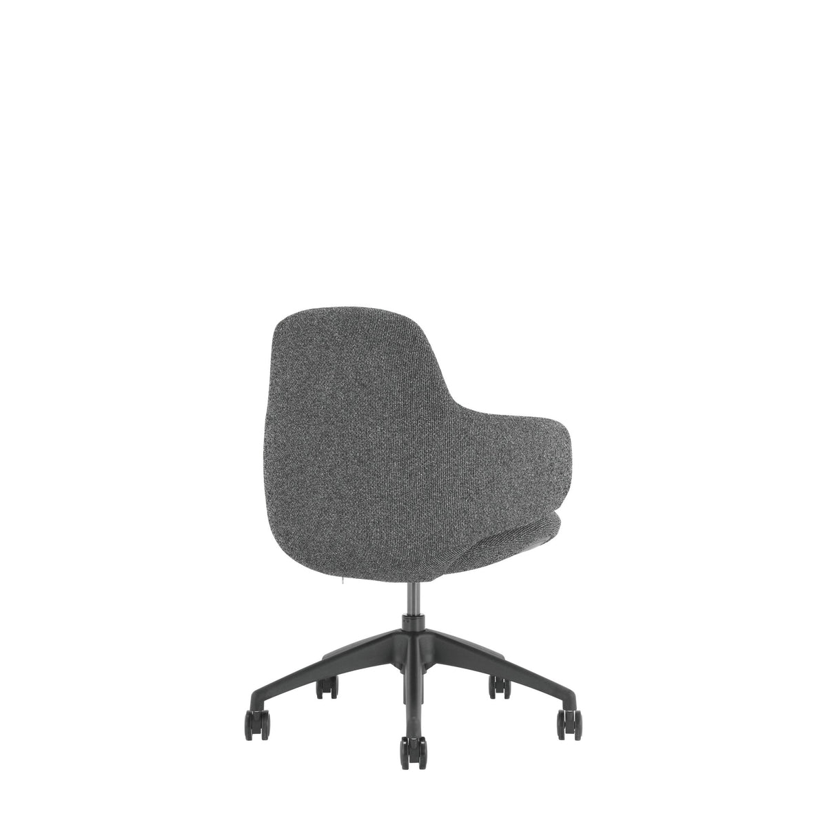 Rear three quarter view of the dark grey Buro Odyssey chair showing the rounded back and black five star base