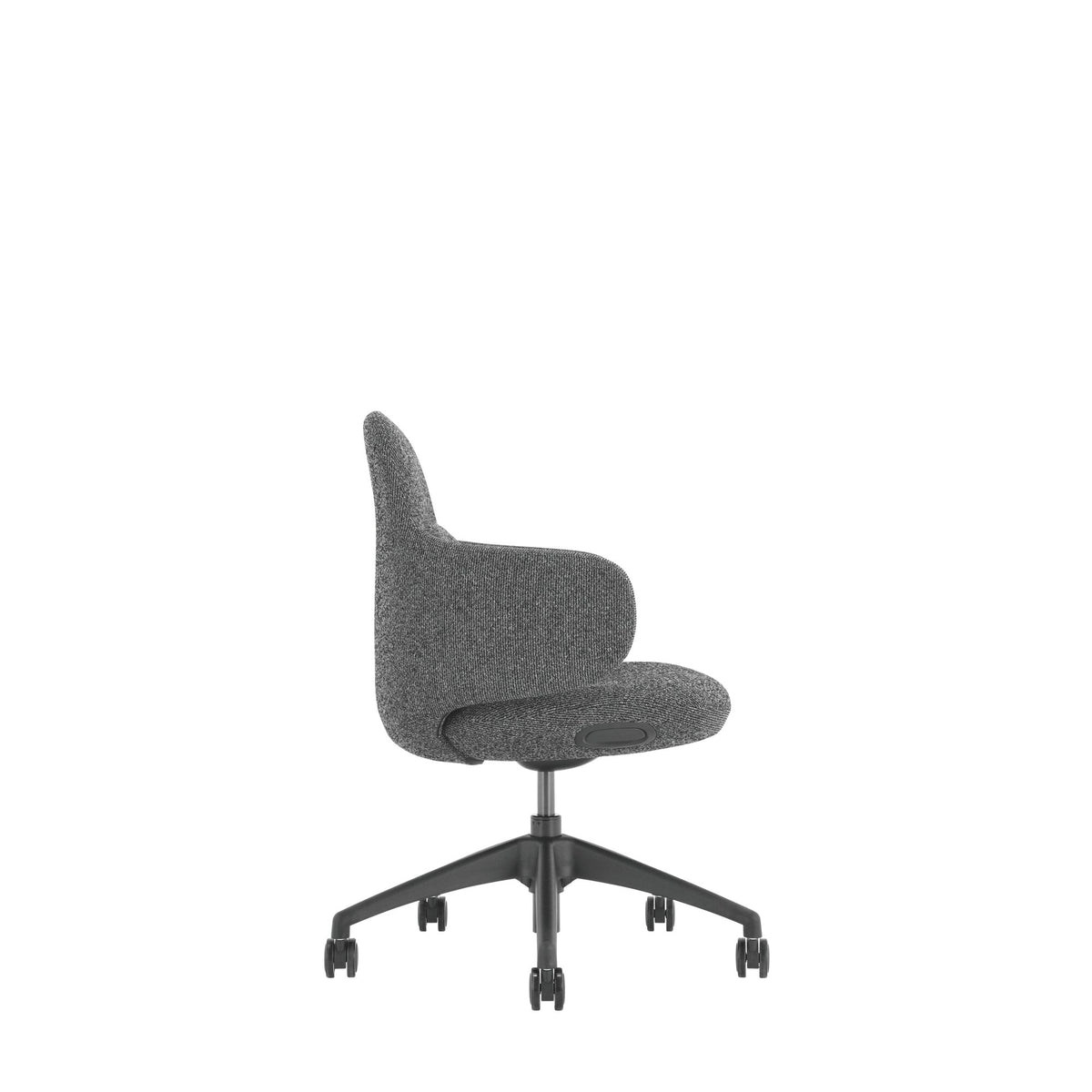 Side view of the dark grey Buro Odyssey showing the curved shell, seat cushion and black gas lift base