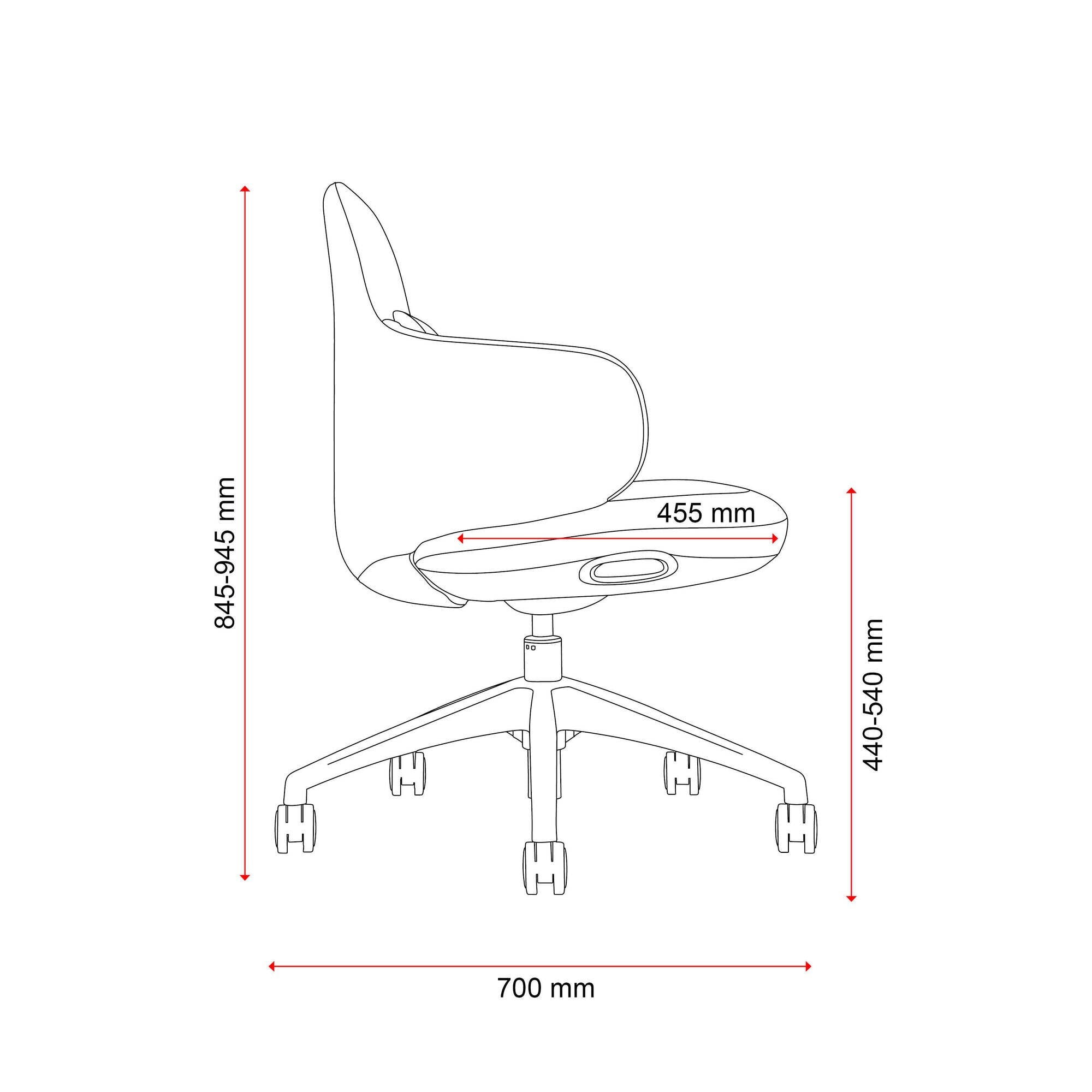 Side elevation line drawing of the Buro Odyssey chair showing seat height and overall dimensions