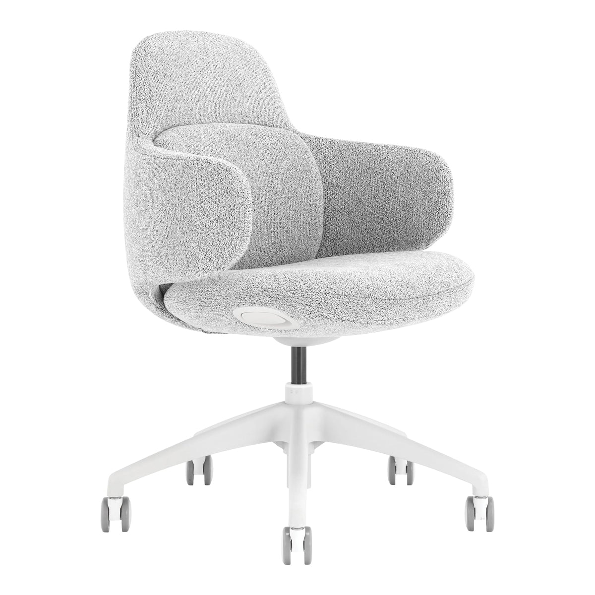 Buro Odyssey 153-0 light grey upholstered swivel chair with wraparound back and arms on a white five star base, front three quarter view