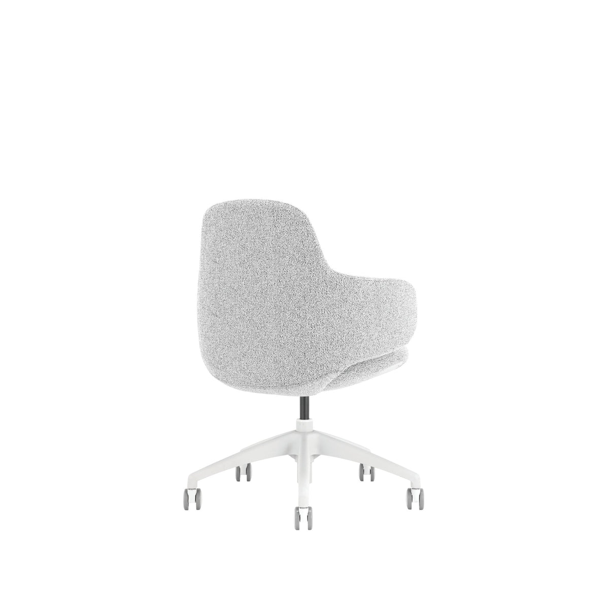 Rear three quarter view of the light grey Buro Odyssey chair showing the curved back and white five star base with castors