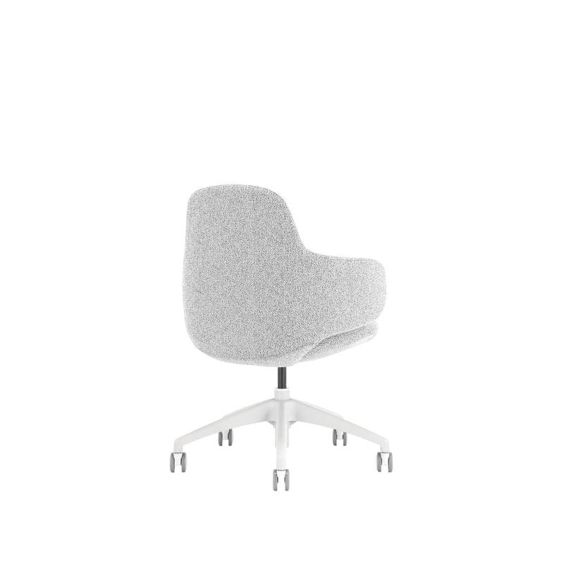 Rear three quarter view of the light grey Buro Odyssey chair showing the curved back and white five star base with castors