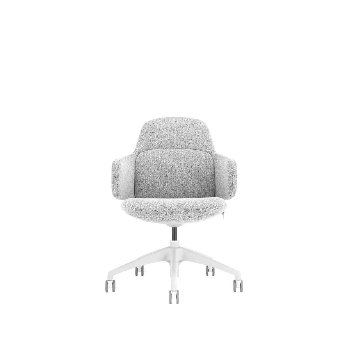 Front view of the light grey Buro Odyssey chair with its wraparound armrests and white base