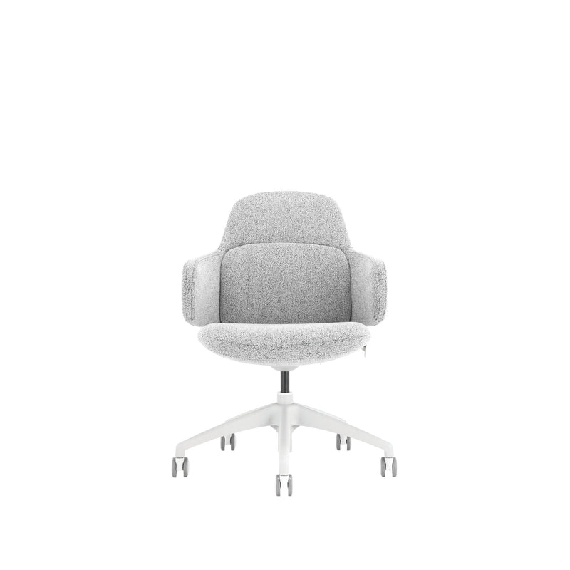 Front view of the light grey Buro Odyssey chair with its wraparound armrests and white base