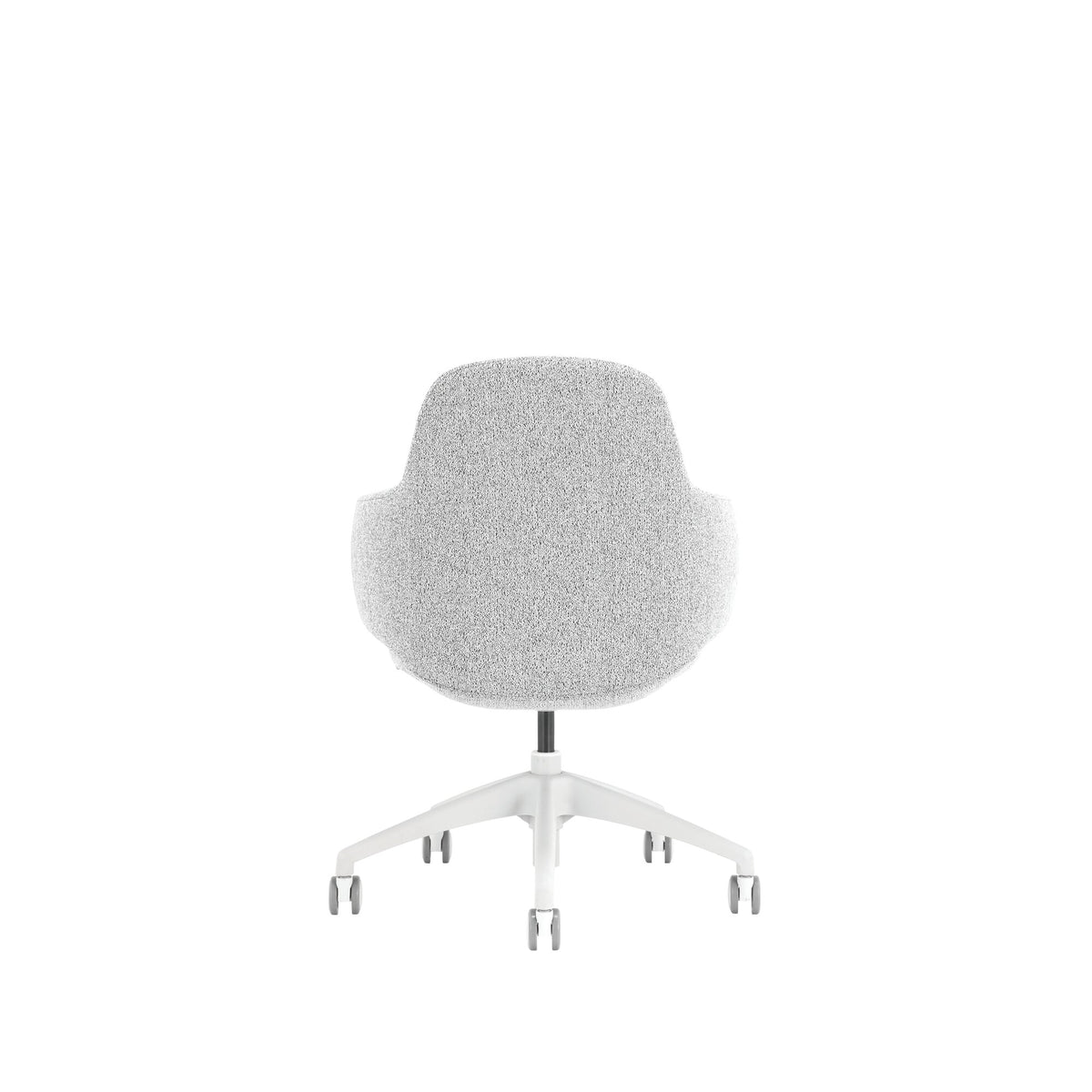 Rear view of the light grey Buro Odyssey showing the rounded one piece back shape on a white five star base