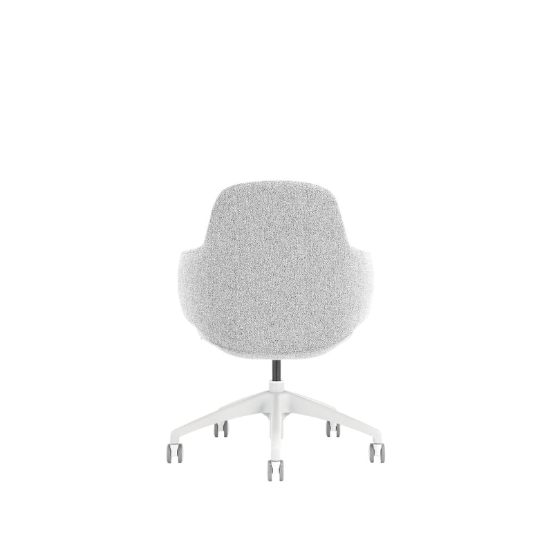 Rear view of the light grey Buro Odyssey showing the rounded one piece back shape on a white five star base