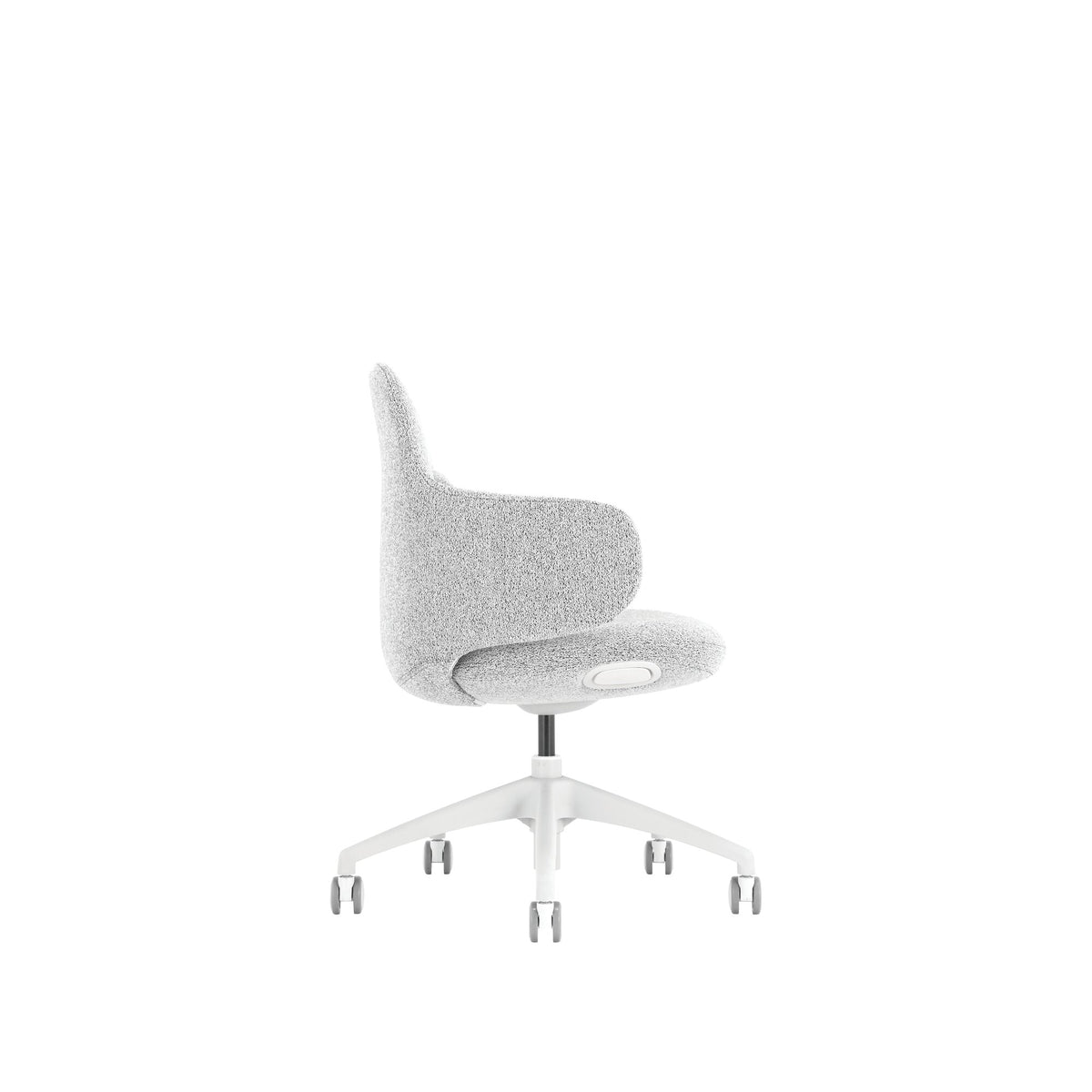 Side view of the light grey Buro Odyssey chair showing the curved back, seat profile and gas lift column