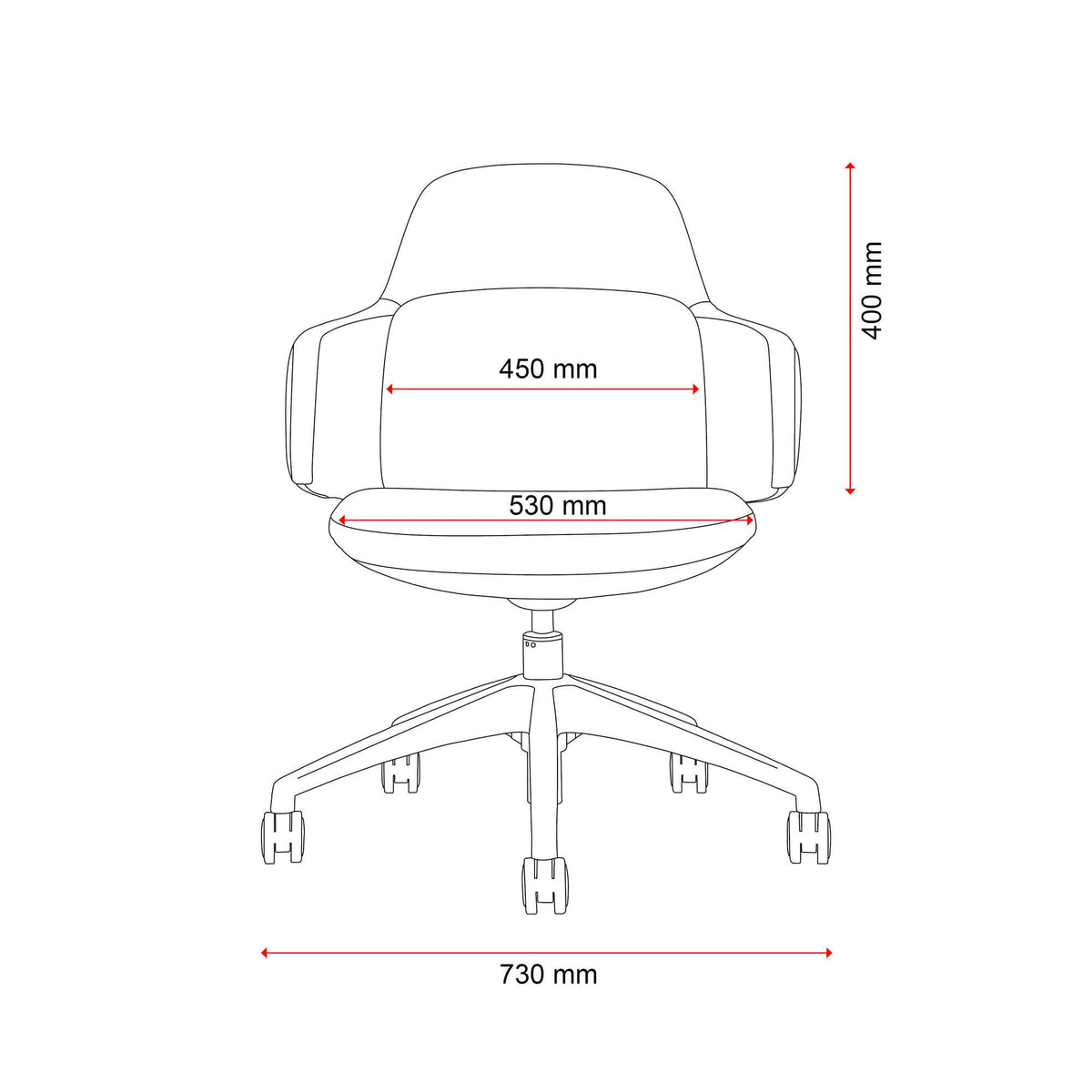 Front dimension drawing of the Buro Odyssey showing 730 mm overall width, 530 mm seat width and 450 mm back width