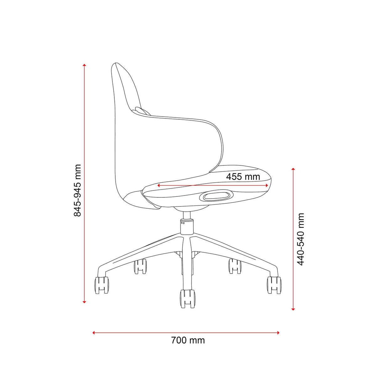 Side dimension drawing of the Buro Odyssey showing 700 mm depth, 845 to 945 mm height and 440 to 540 mm seat height