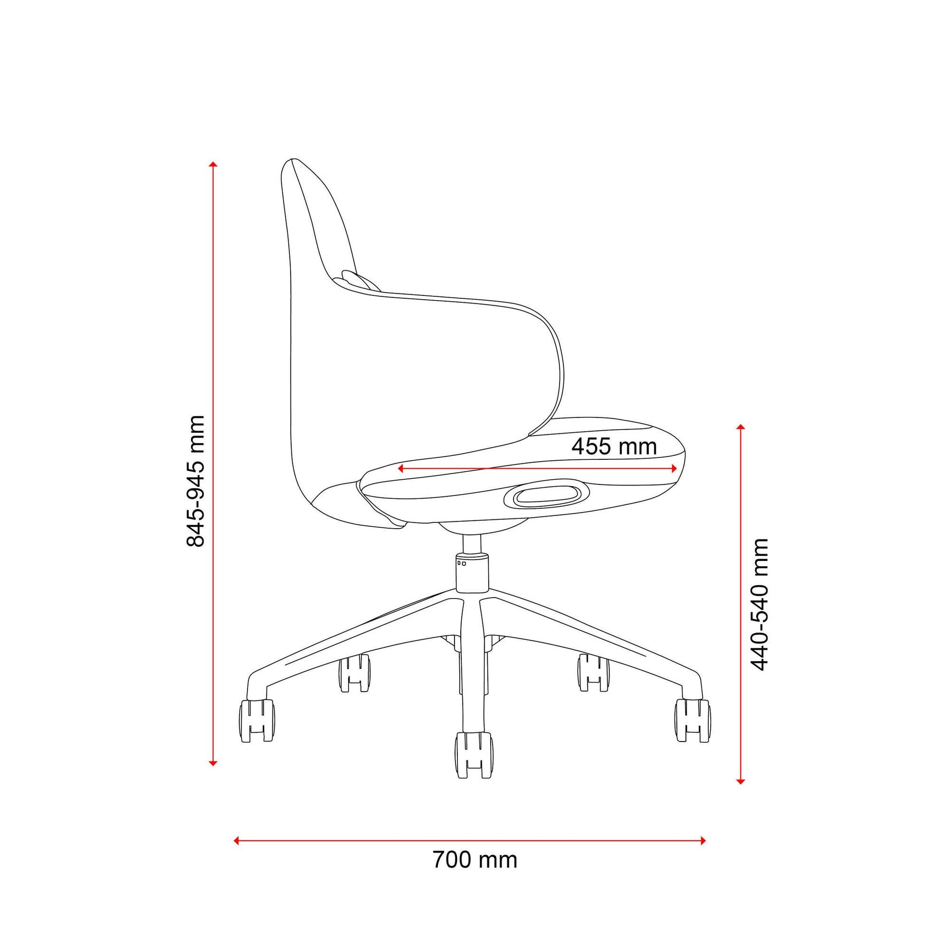 Line drawing of the Buro Odyssey chair with seat width and back dimensions marked in millimetres