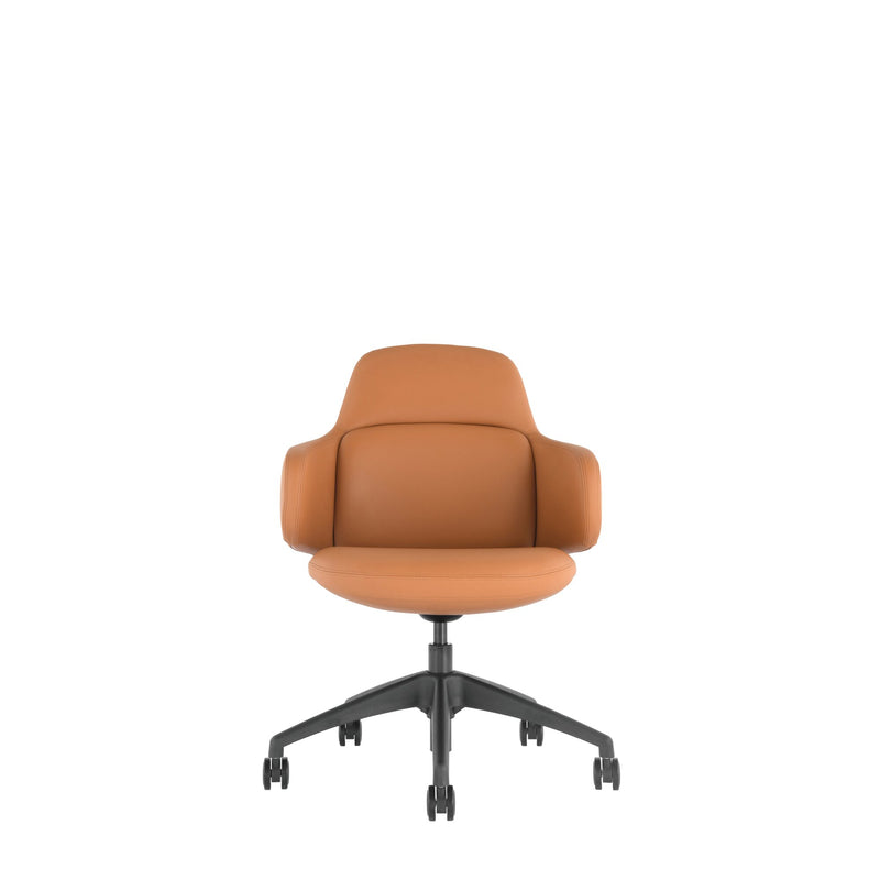 Buro Odyssey Chair Tan PU chairs arranged around a table in a bright collaborative meeting space