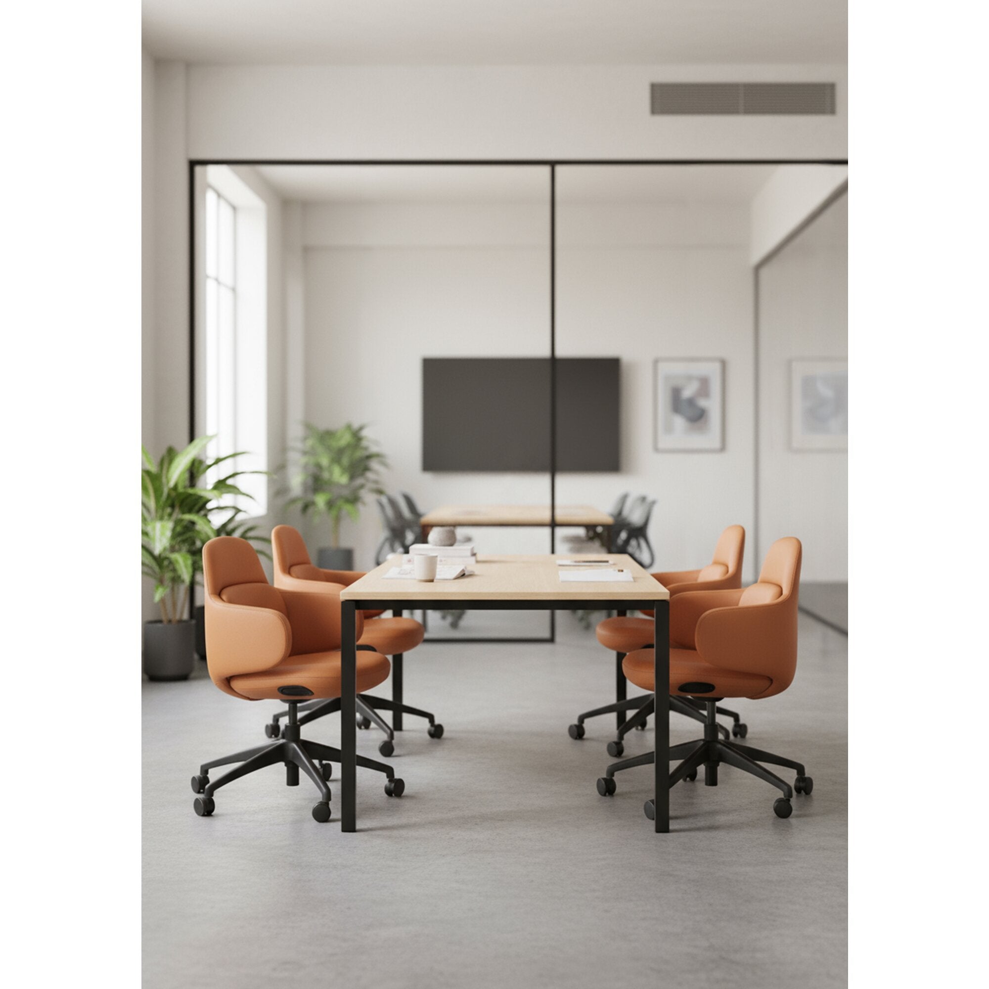 Rear view of Buro Odyssey Chair Tan PU showing the smooth wraparound back shell and castor base