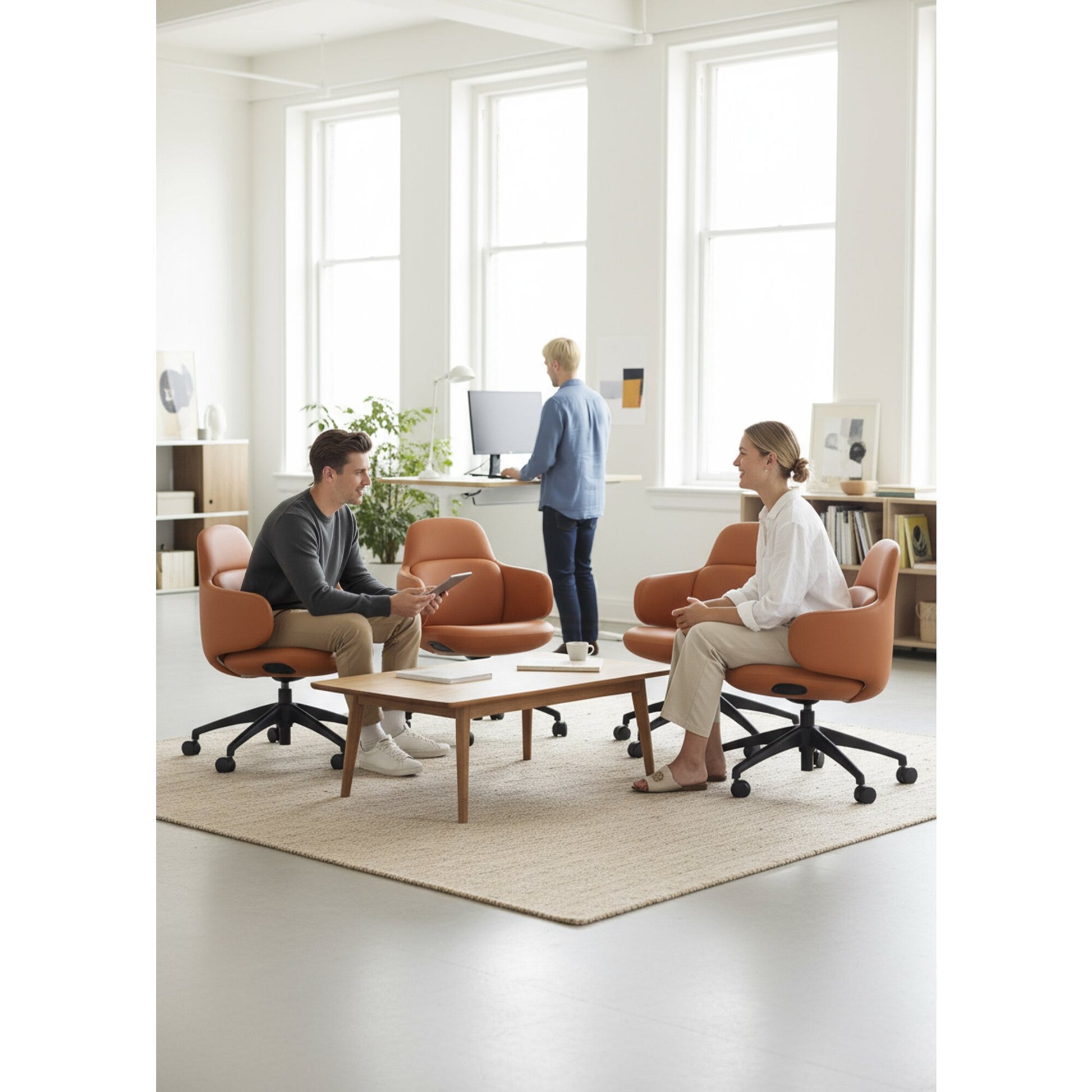 Detail view of Buro Odyssey Chair Tan PU highlighting the tan PU upholstery finish and stitching