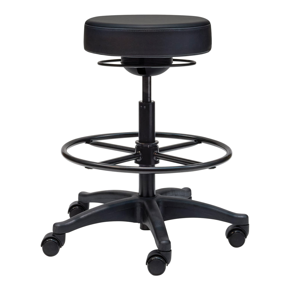 Low angle view of the black Buro Polo drafting stool showing the foot ring, gas lift column and castors on the five star base
