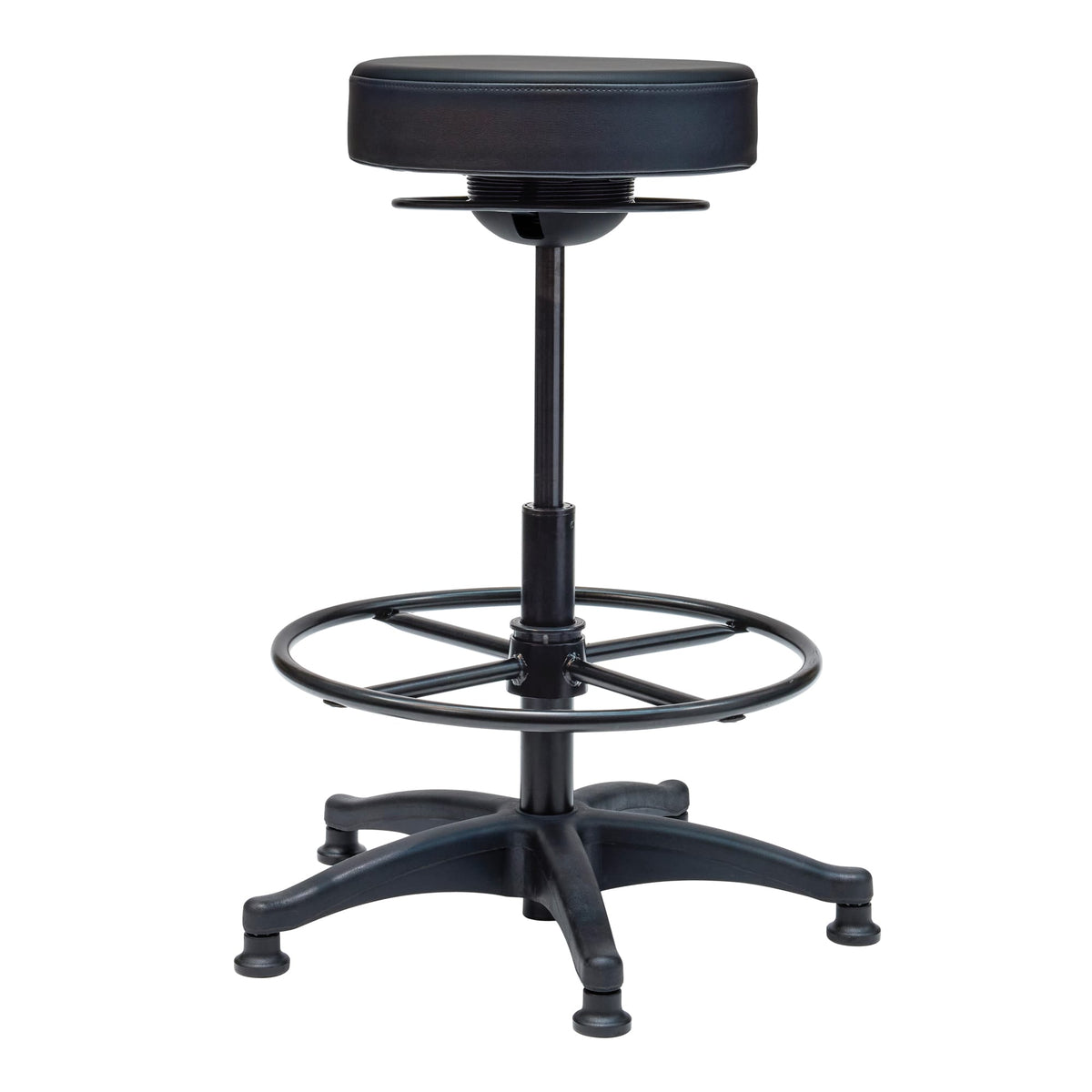 Buro Polo drafting stool in black fitted with glides instead of castors, with the metal foot ring set on the gas lift
