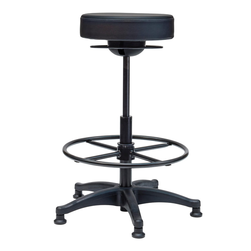 Buro Polo drafting stool in black fitted with glides instead of castors, with the metal foot ring set on the gas lift