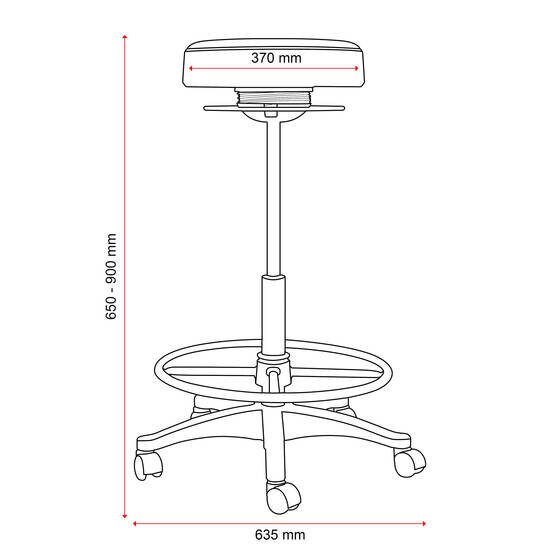 Line drawing of the Buro Polo drafting stool marked with a 370mm seat, a 650 to 900mm seat height and a 635mm base width