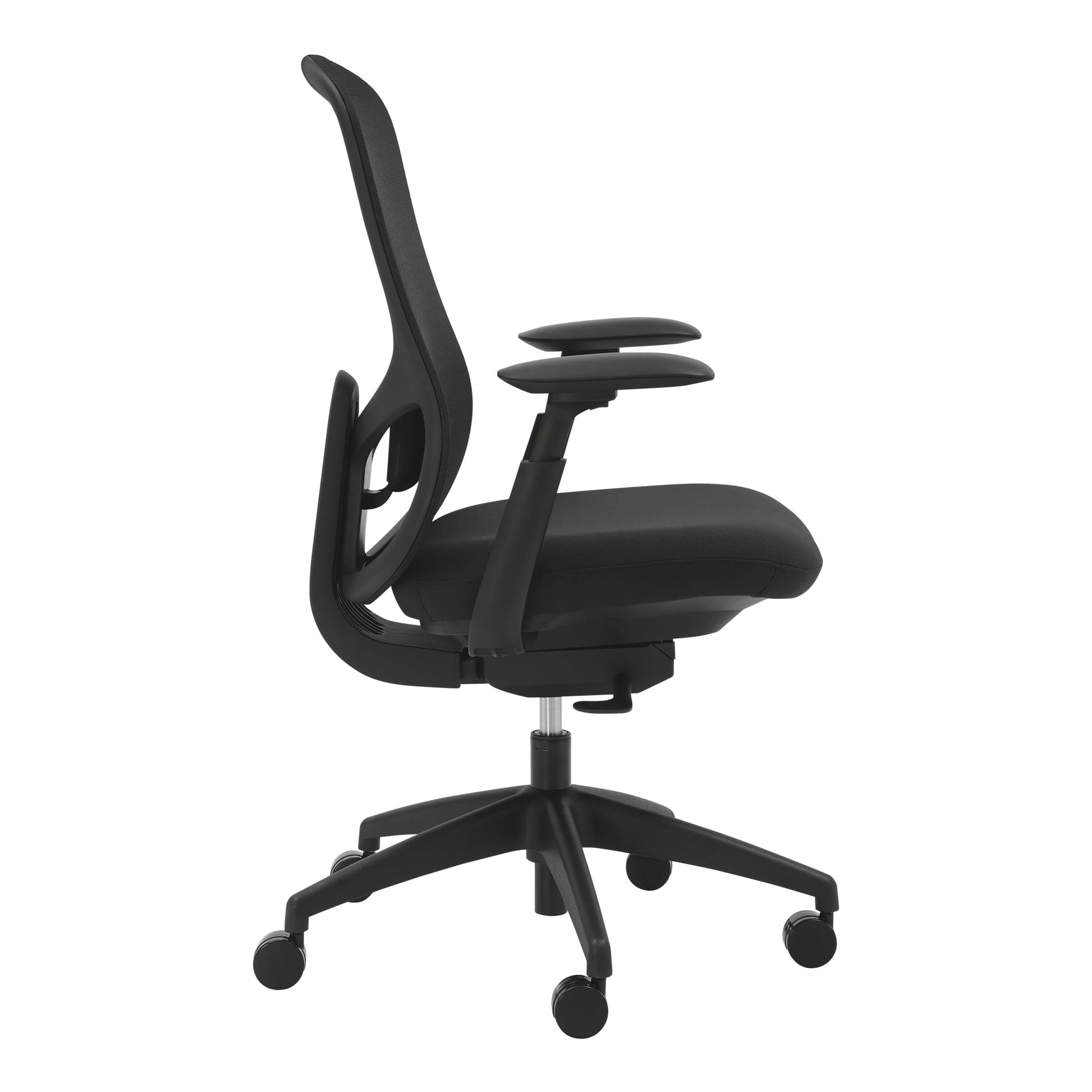 Alternate angle of Buro Quantum Chair Mesh Back with Arms Black showing profile and construction detail