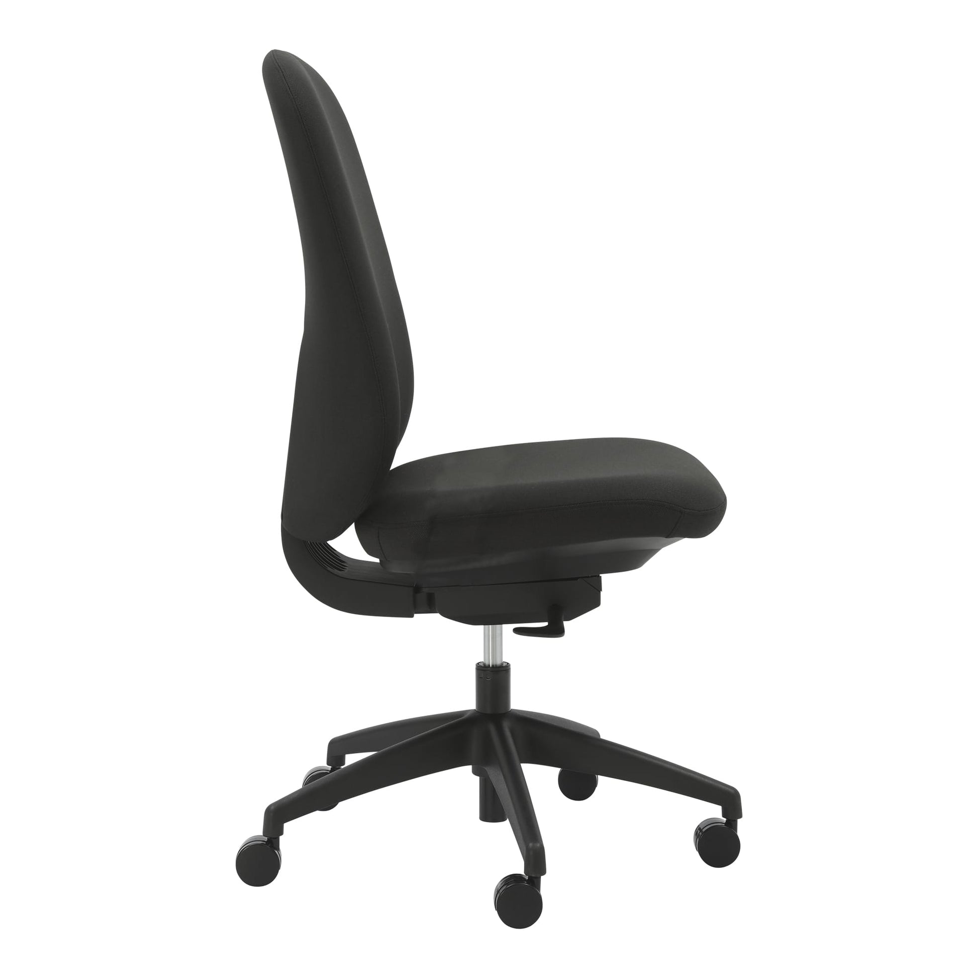 Alternate angle of Buro Quantum Chair Upholstered Back Without Arms Black showing profile and construction detail
