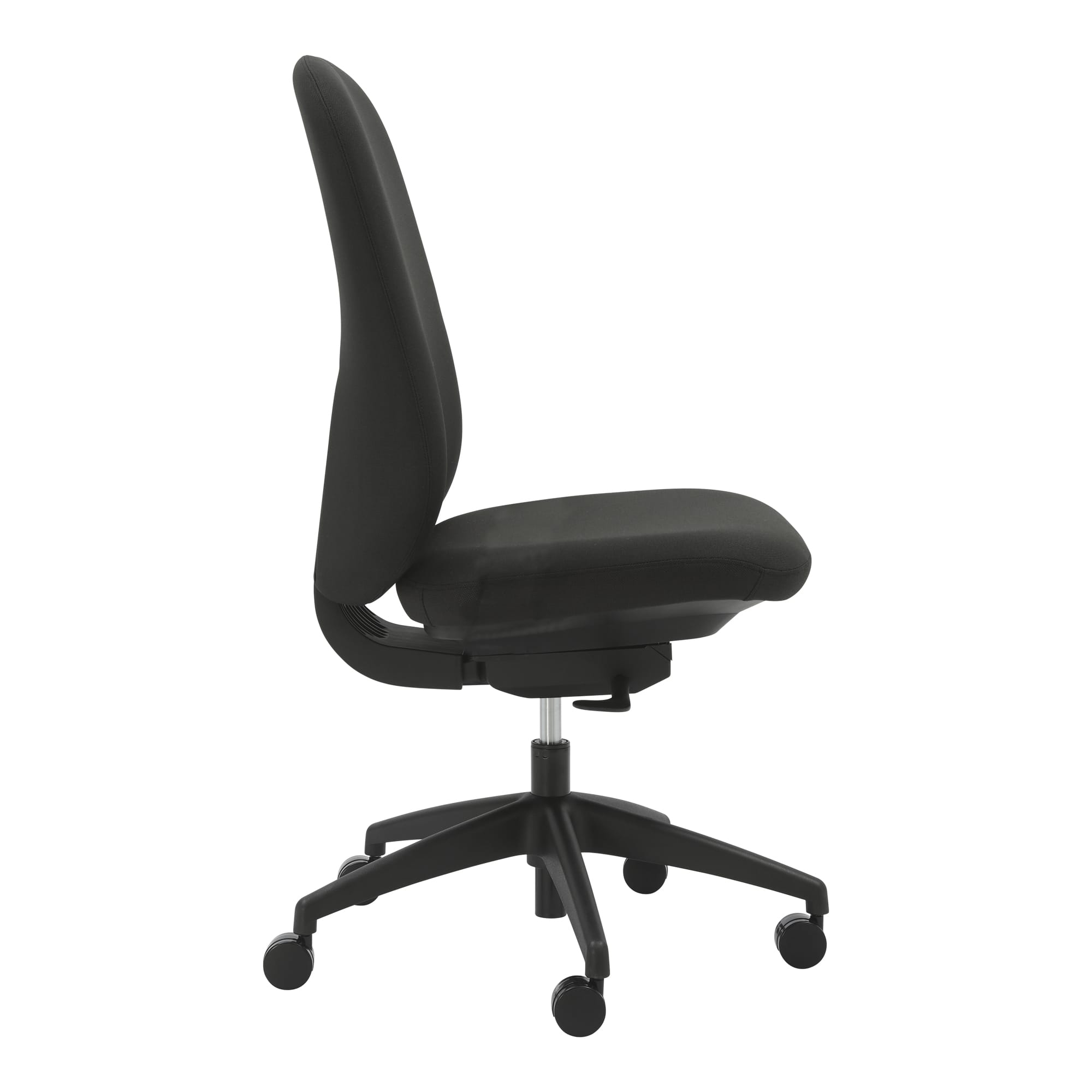 Alternate angle of Buro Quantum Chair Upholstered Back Without Arms Black showing profile and construction detail