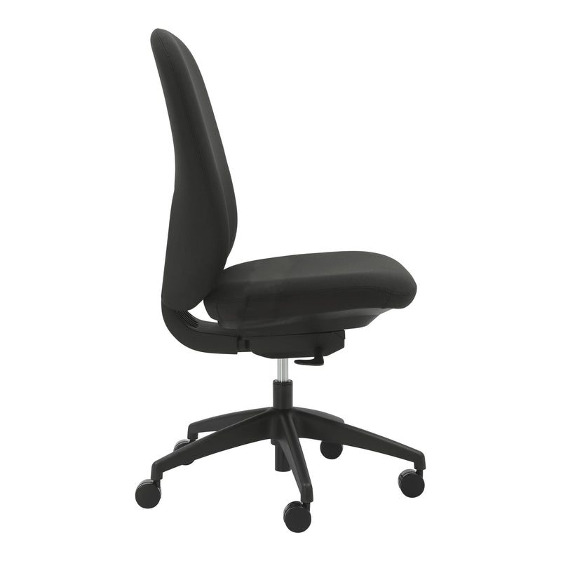 Alternate angle of Buro Quantum Chair Upholstered Back Without Arms Black showing profile and construction detail