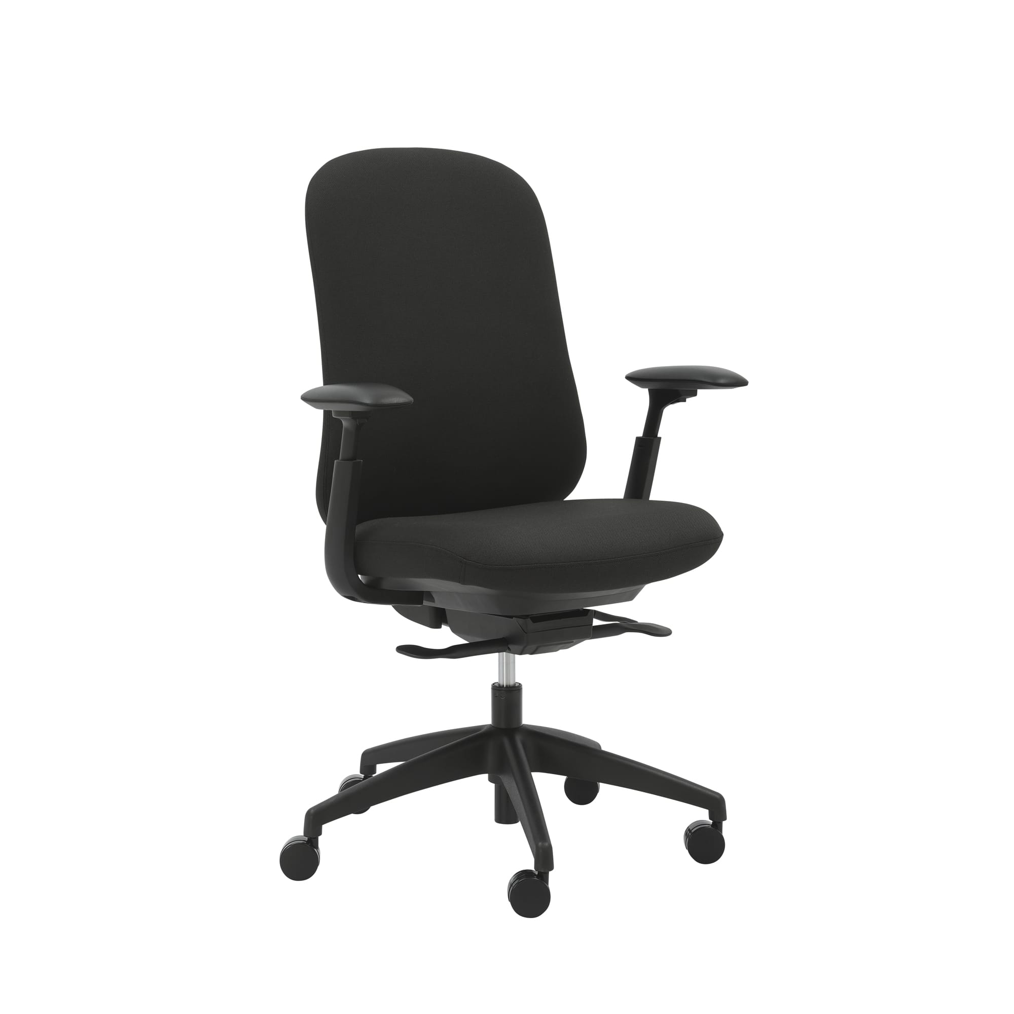 Front angle view of Buro Quantum Chair Upholstered Back with Arms Black against a white studio background