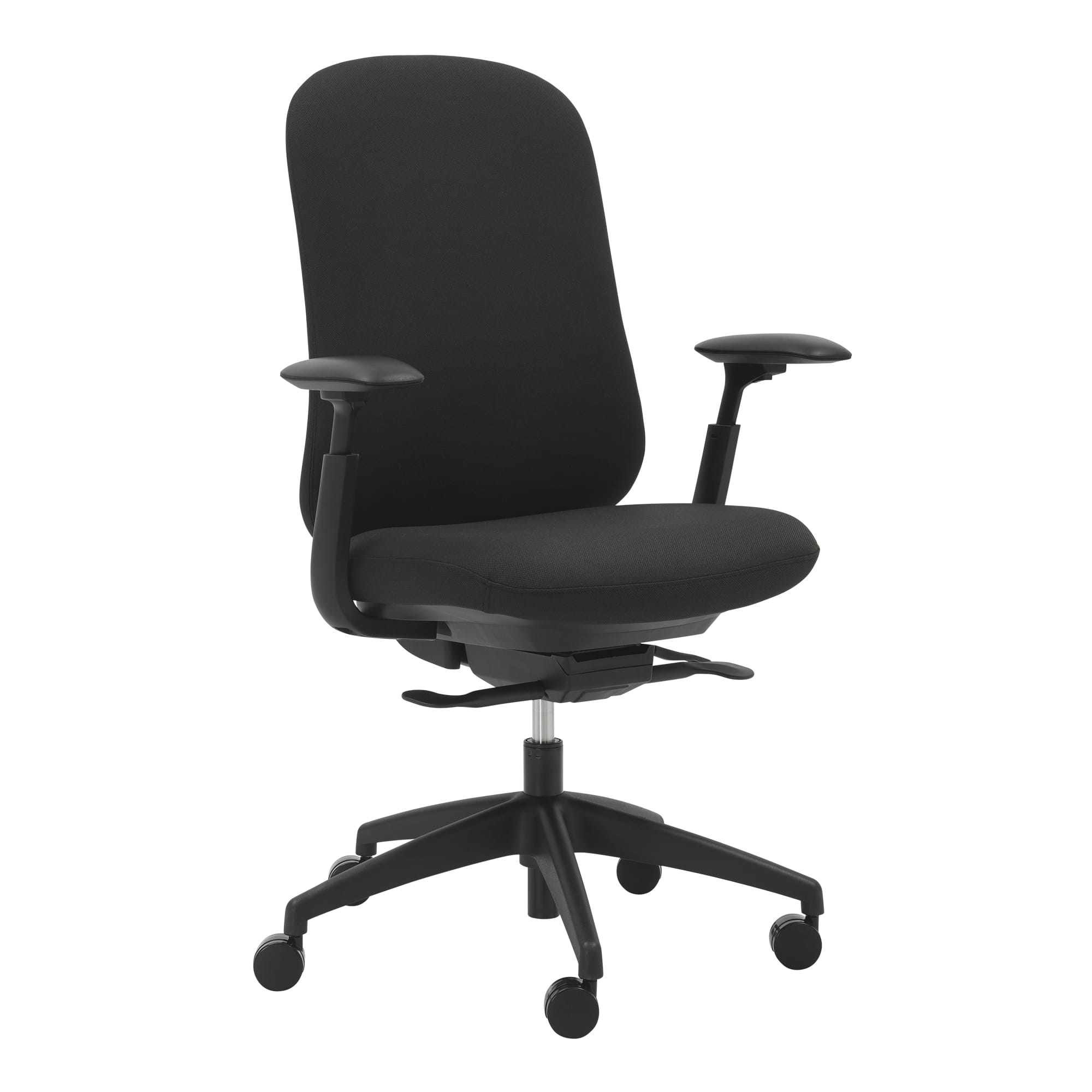 Alternate angle of Buro Quantum Chair Upholstered Back with Arms Black showing profile and construction detail
