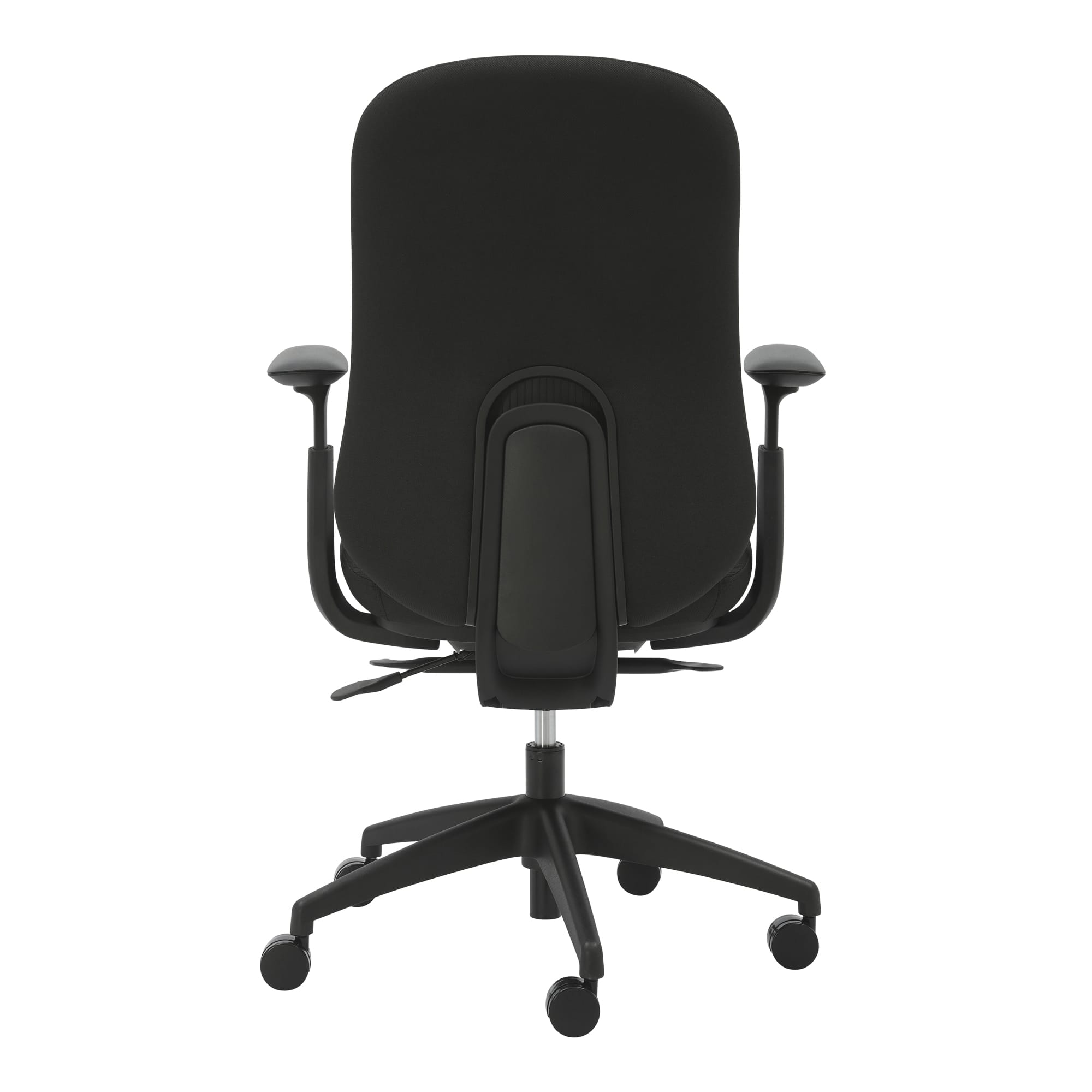 Detail view of Buro Quantum Chair Upholstered Back with Arms Black highlighting finish and adjustment features