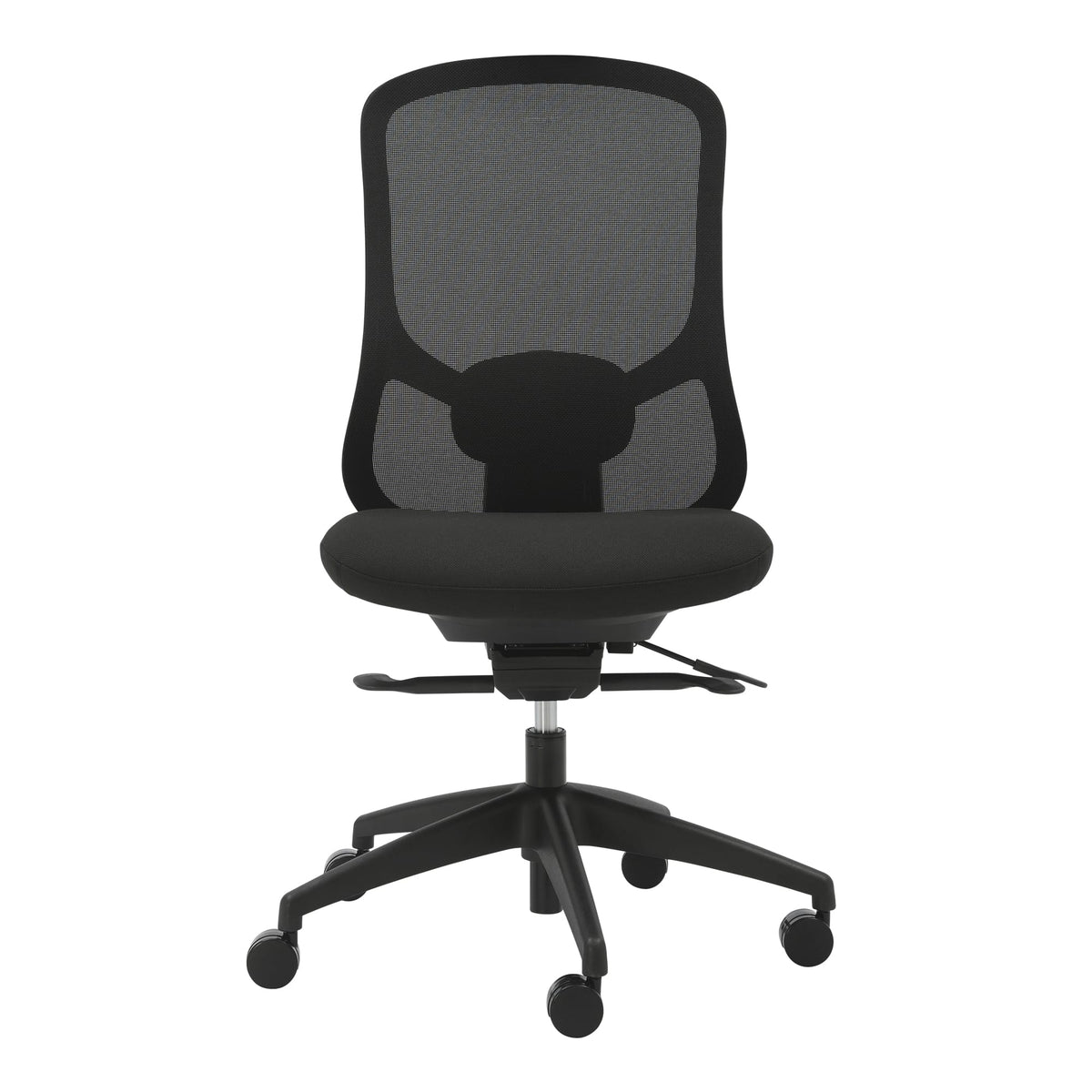 Front view of the Buro Quantum 169-M3 chair without arms, showing the black mesh back, lumbar support and black seat on a five star base