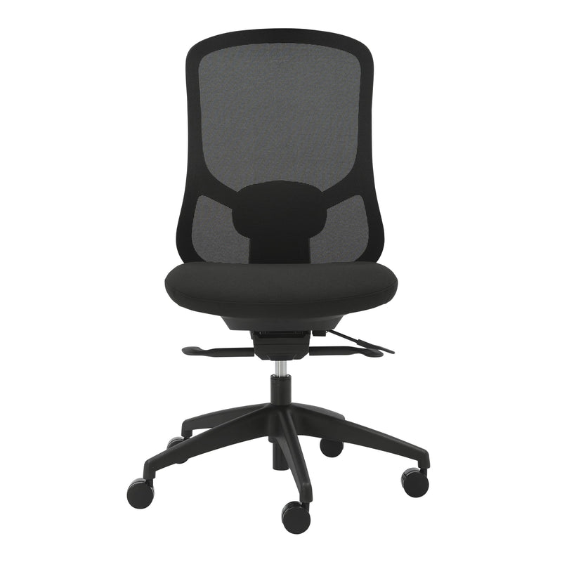 Front view of the Buro Quantum 169-M3 chair without arms, showing the black mesh back, lumbar support and black seat on a five star base