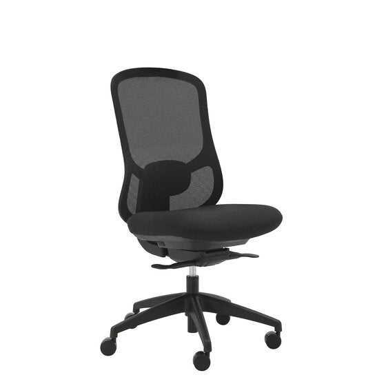 Buro Quantum mesh back office chair in black without arms, angled to show the ratchet back, seat and synchro mechanism