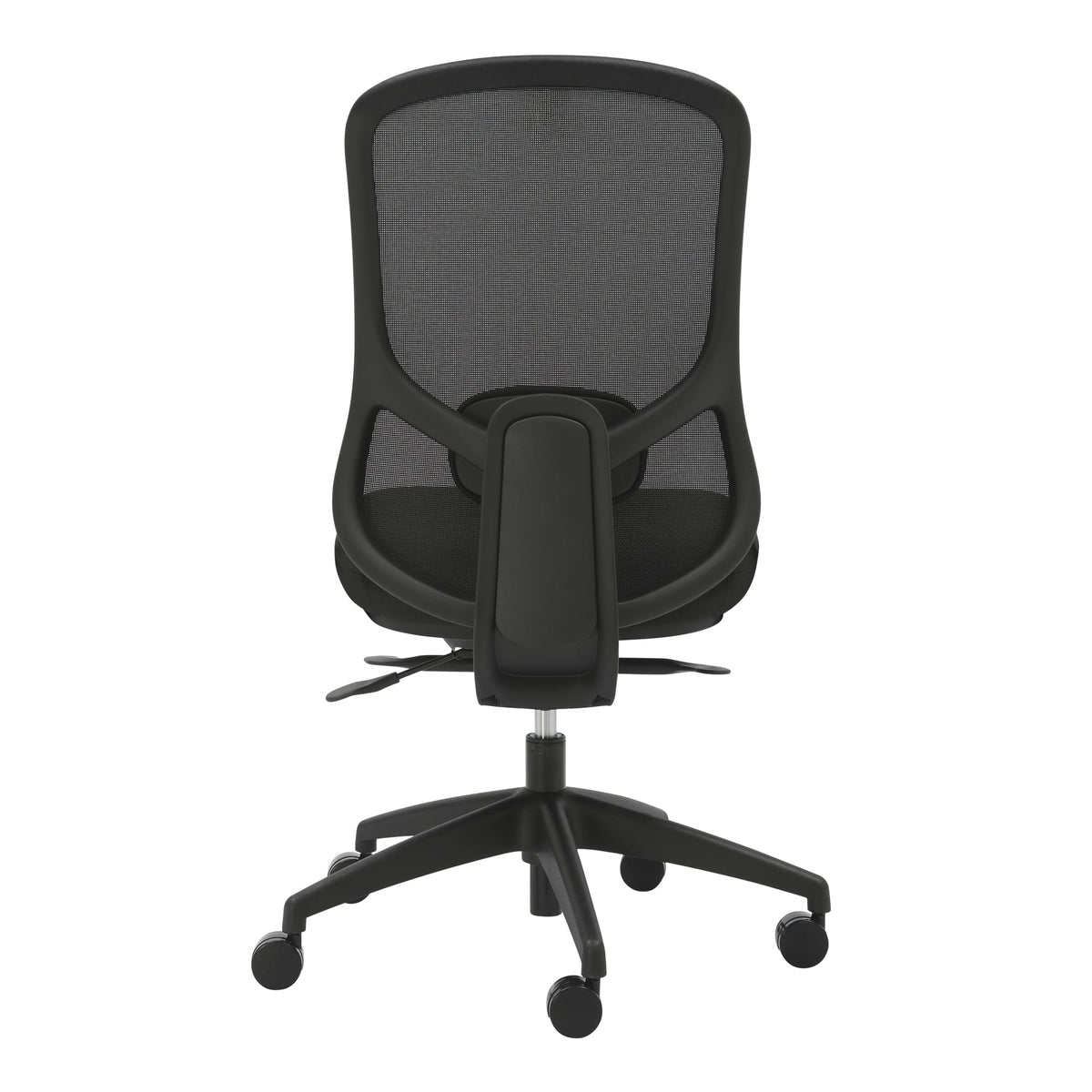 Rear view of the black Buro Quantum armless chair showing the back frame, the mesh and the five star base with castors
