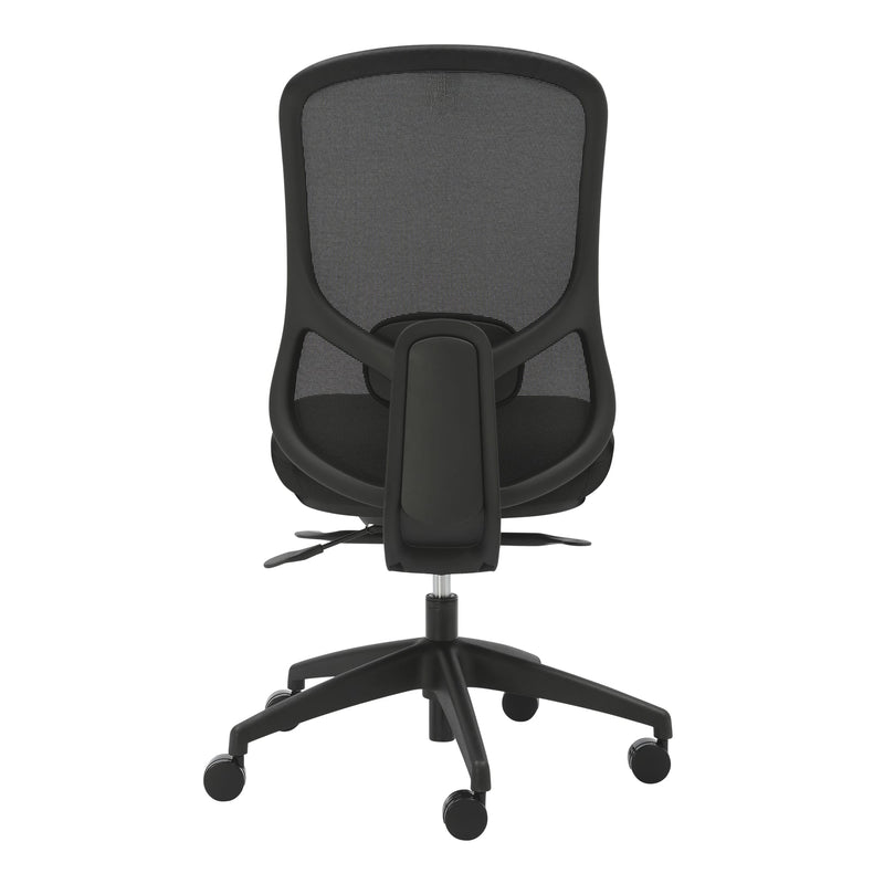 Rear view of the black Buro Quantum armless chair showing the back frame, the mesh and the five star base with castors