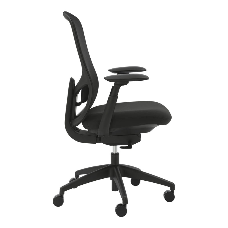 Side view of the black Buro Quantum chair with arms showing the curved mesh back, arm pads and the seat on the synchro mechanism