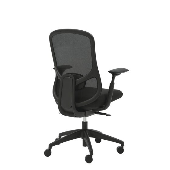 Rear three quarter view of the black Buro Quantum mesh chair with arms showing the back frame and lumbar support