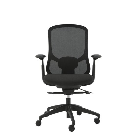 Front view of the Buro Quantum mesh back chair with arms in black showing the lumbar support, seat and both arms